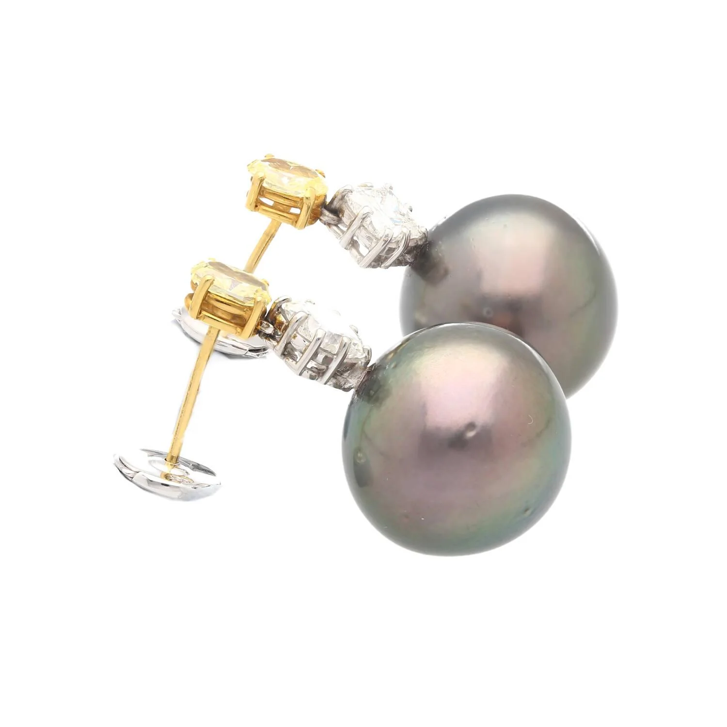 Black Pearl with Fancy Yellow & White Lily Cut Diamond Drop Earrings - Image 6