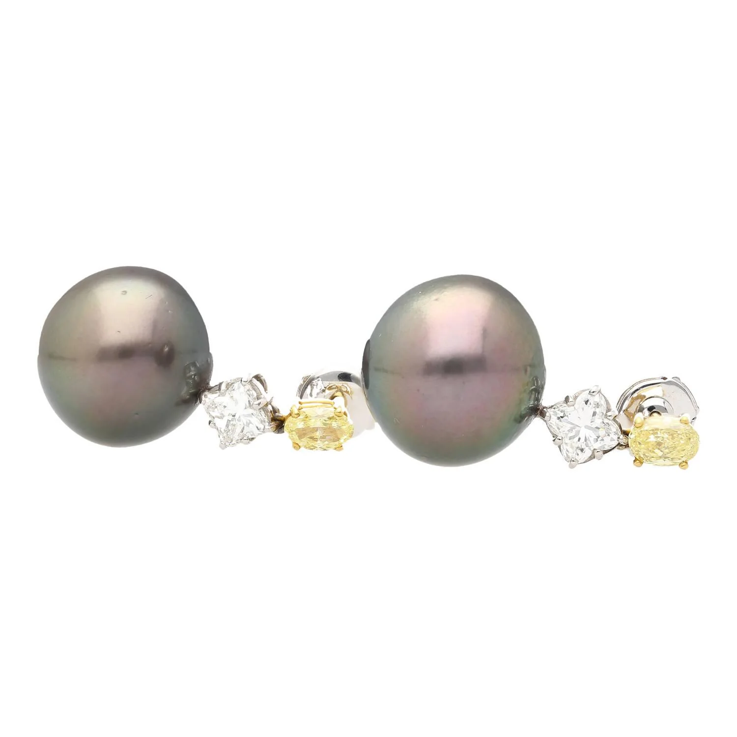 Black Pearl with Fancy Yellow & White Lily Cut Diamond Drop Earrings - Image 7