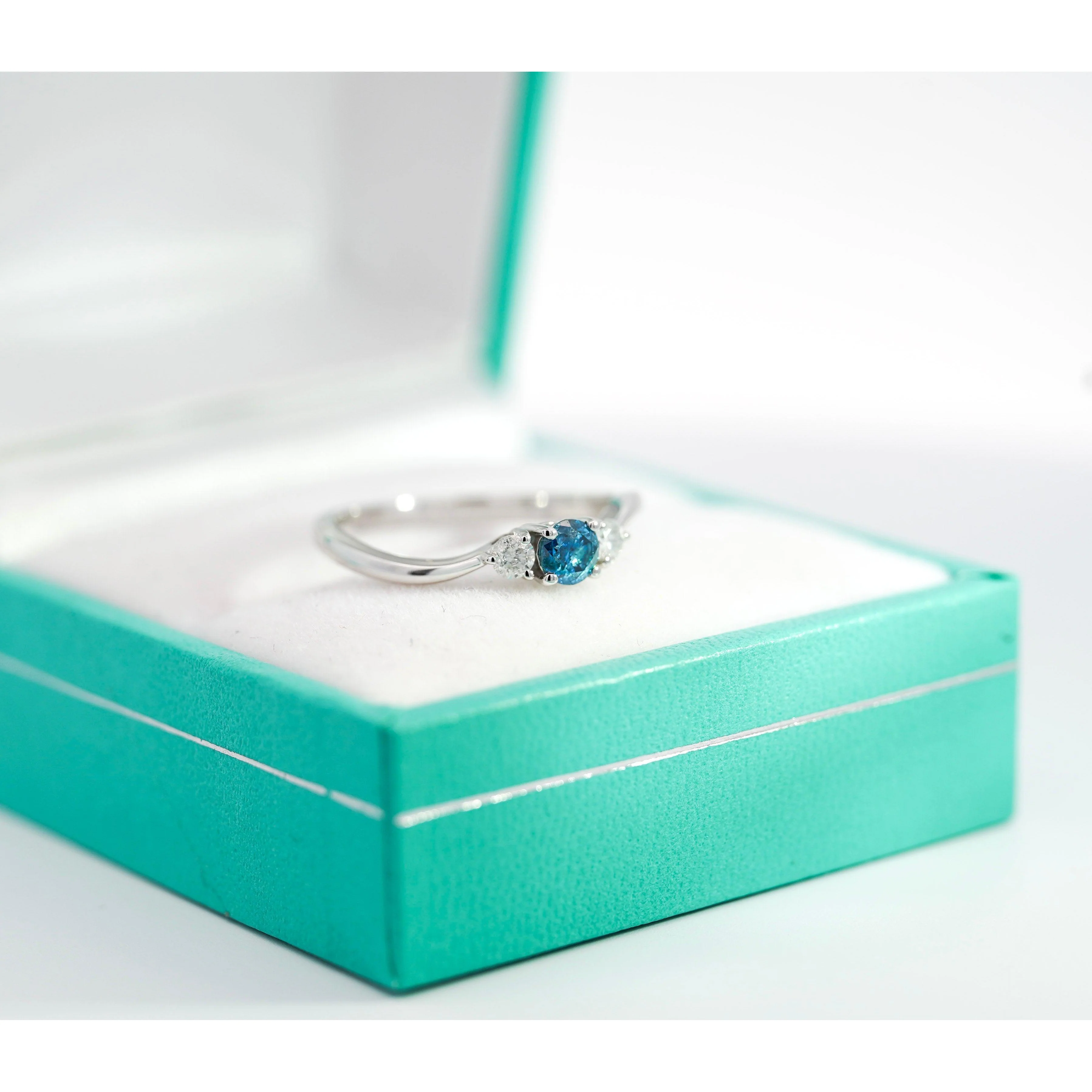 1/3 CTW Natural Blue and White Diamond Curved Mini Three Stone Ring in 14K White Gold - Image 7