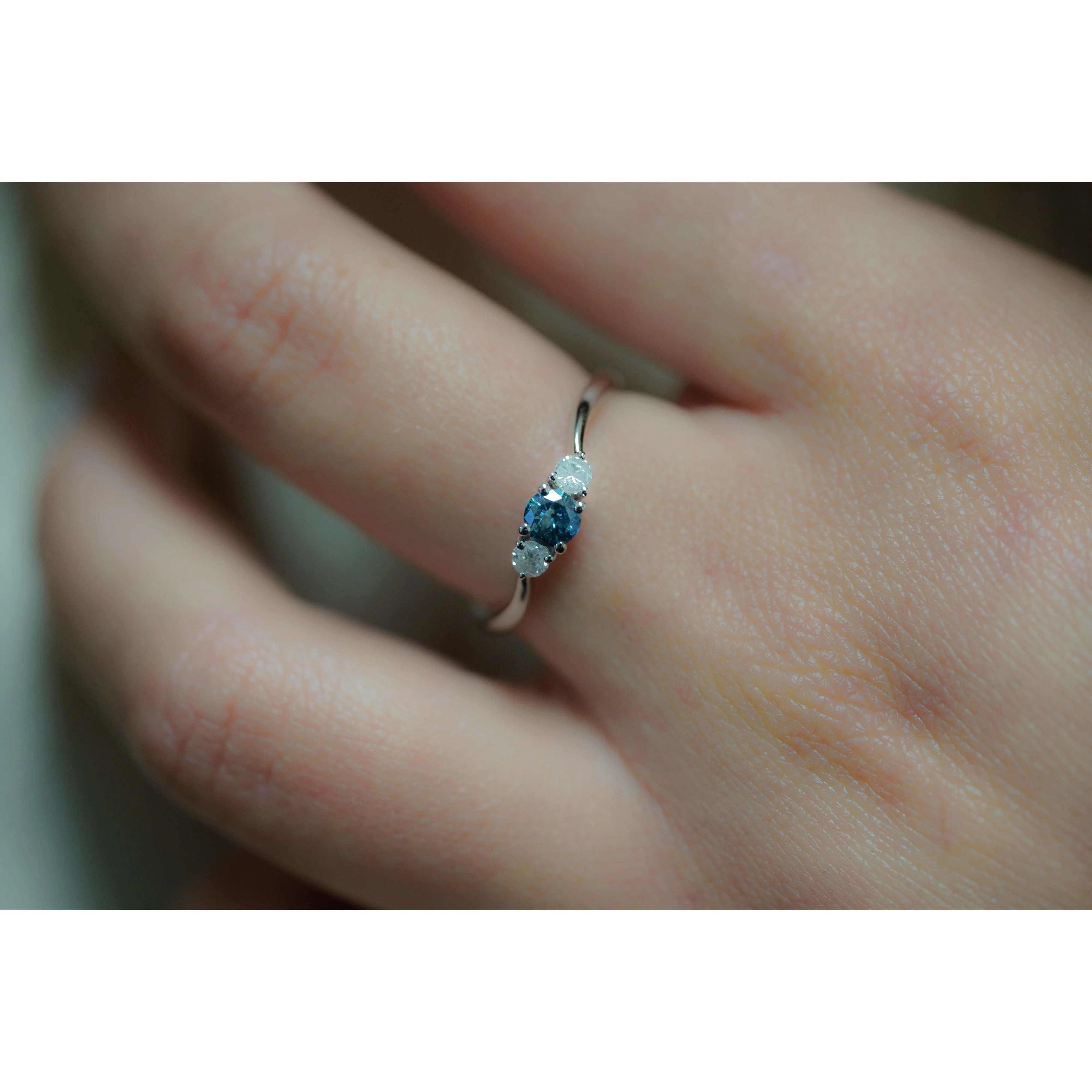 1/3 CTW Natural Blue and White Diamond Curved Mini Three Stone Ring in 14K White Gold - Image 8