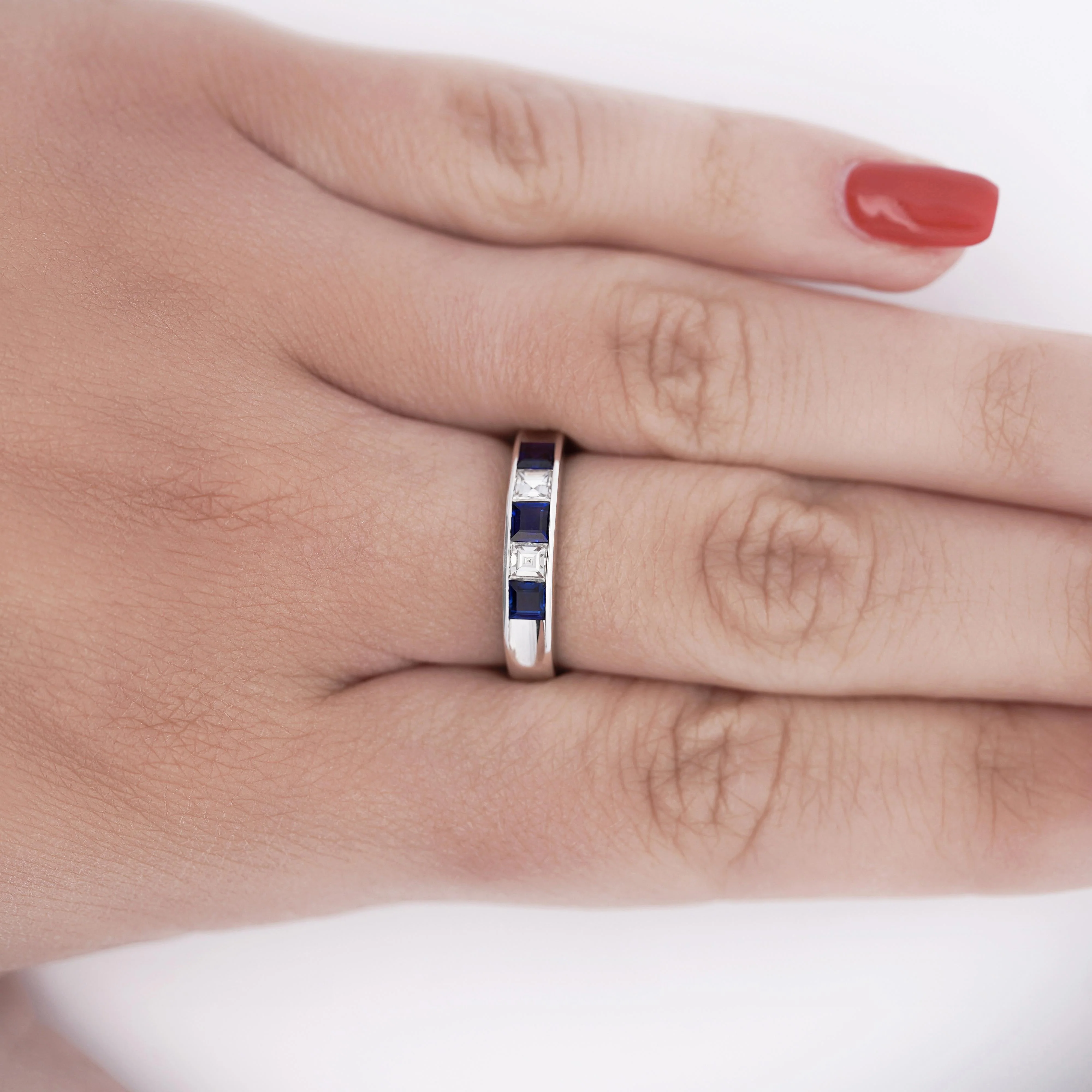 Blue Sapphire and Diamond Platinum Channel Set 4mm Band Ring - Image 2