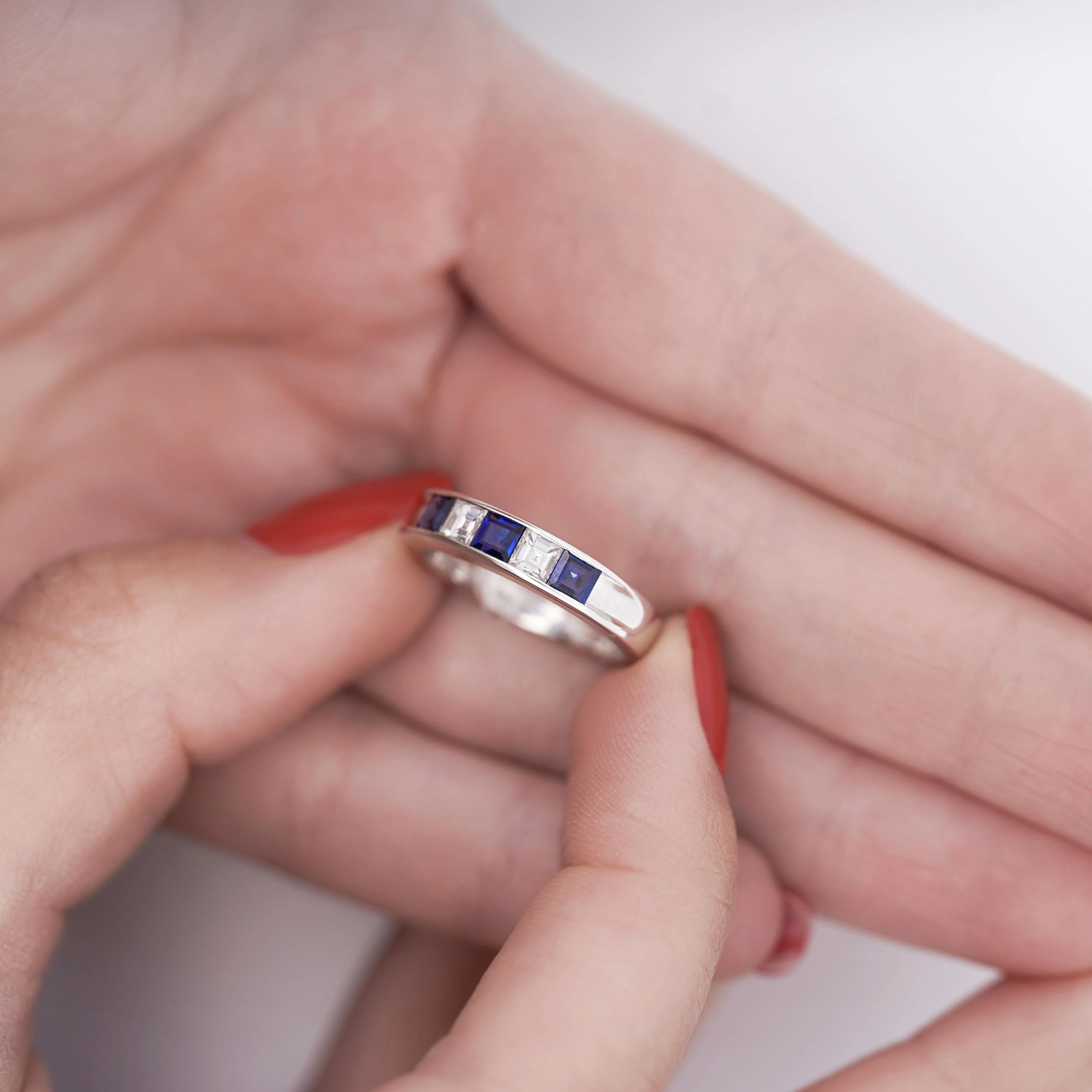 Blue Sapphire and Diamond Platinum Channel Set 4mm Band Ring - Image 3