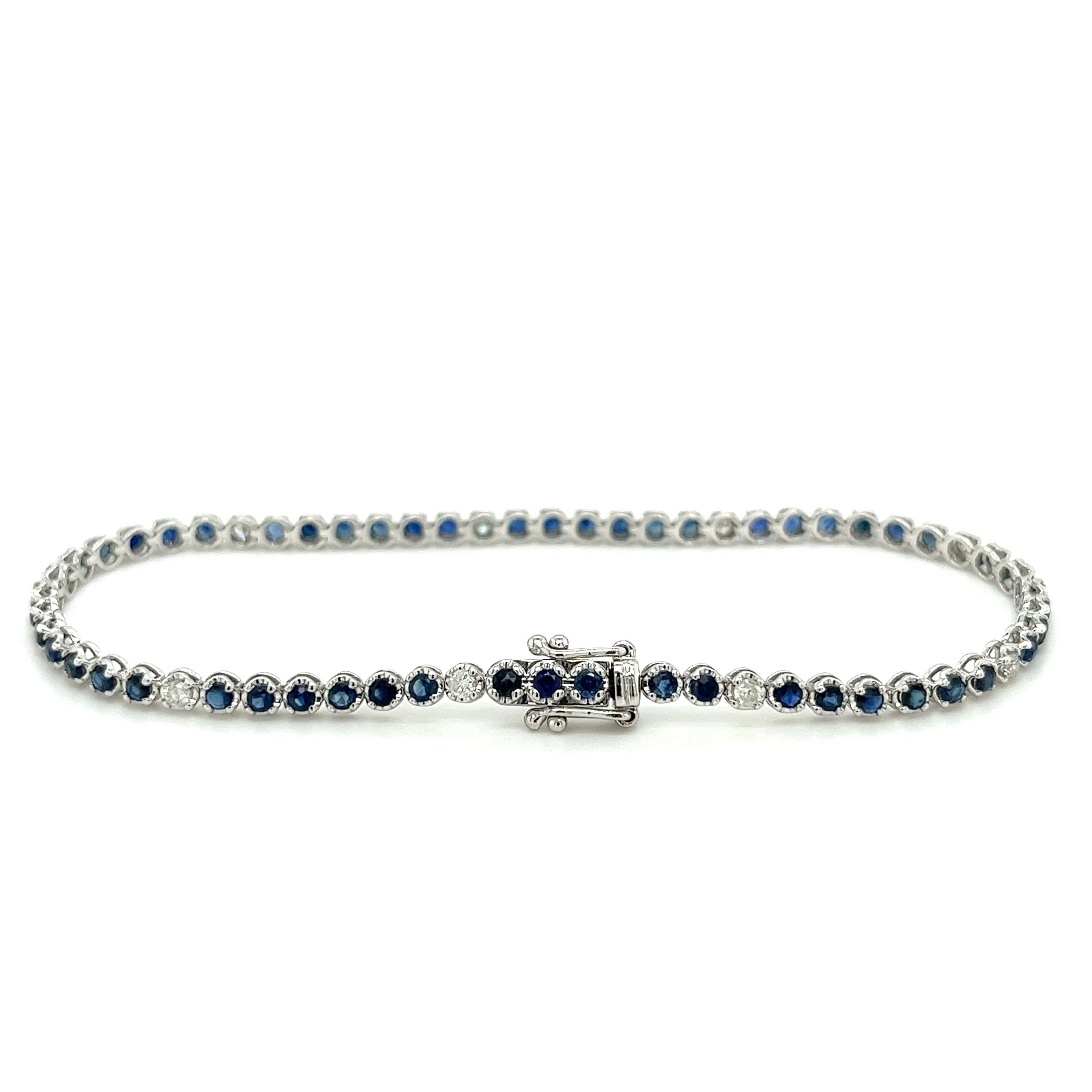 Round Cut Blue Sapphire & Diamond Prong Set Tennis Bracelet in 14K White Gold - Image 3