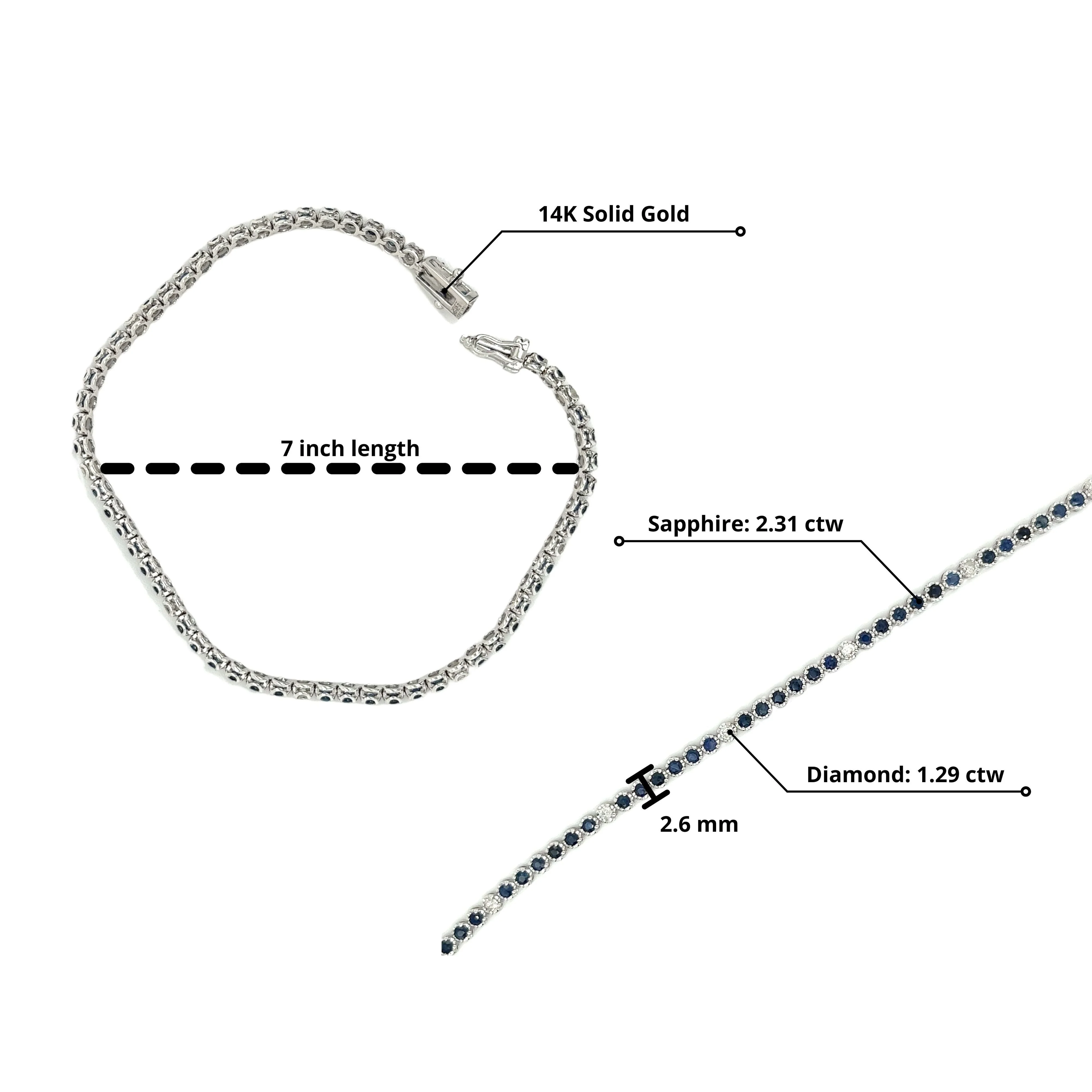 Round Cut Blue Sapphire & Diamond Prong Set Tennis Bracelet in 14K White Gold - Image 4