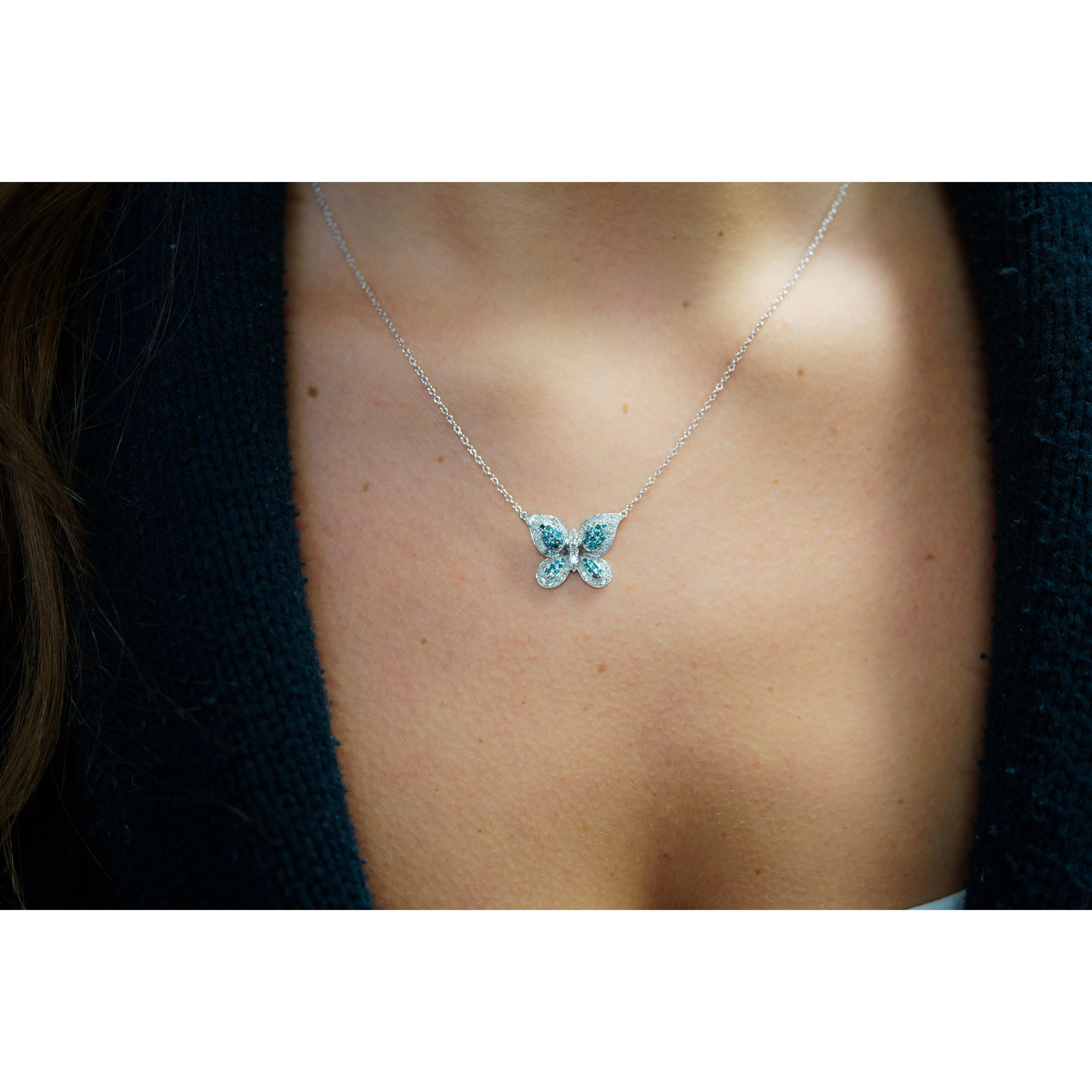 Natural Blue and White Diamond Cluster Butterfly Charm Floating Pendant Necklace - Image 3