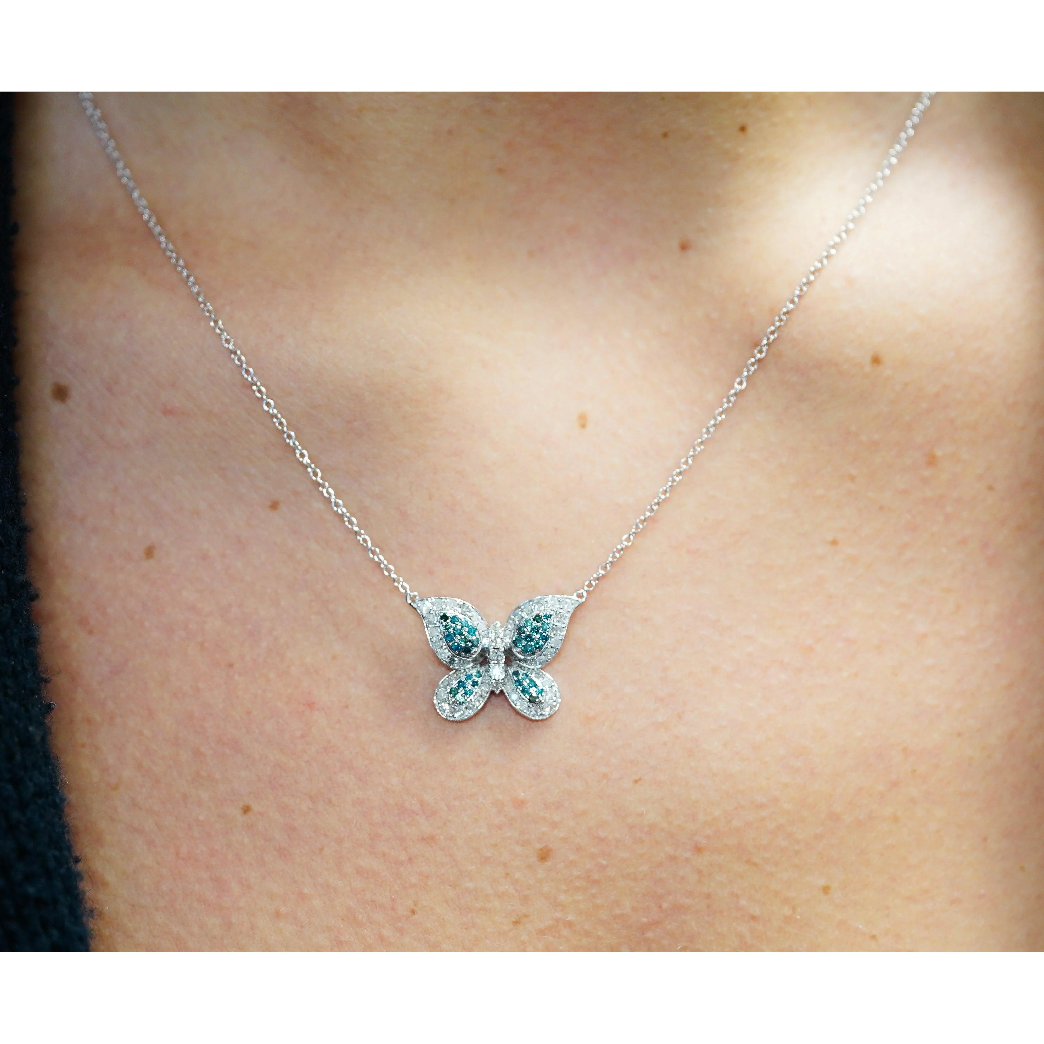 Natural Blue and White Diamond Cluster Butterfly Charm Floating Pendant Necklace - Image 4
