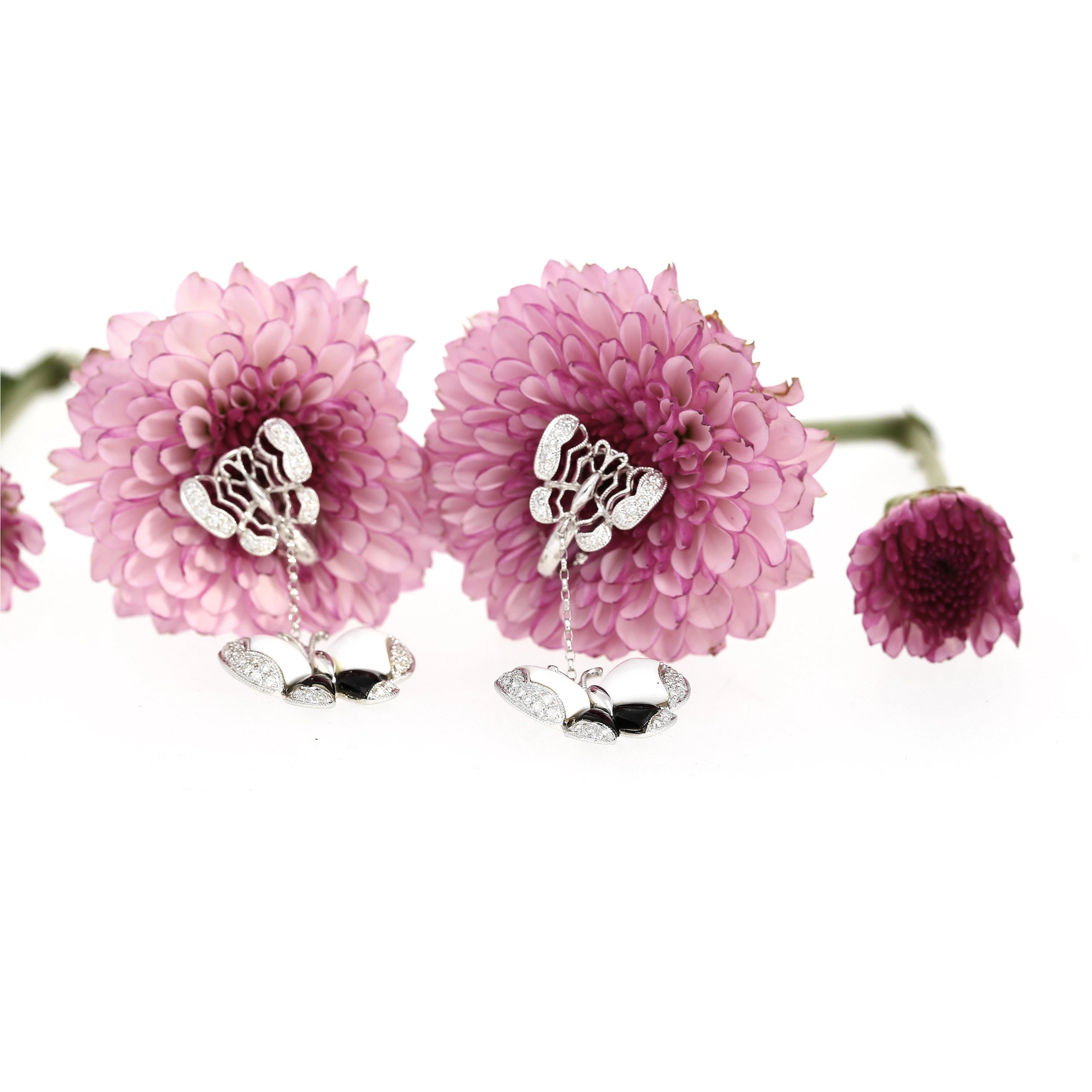 18K White Gold Butterfly Drop Earrings with Black Onyx, White Agate, and Diamonds - Image 2