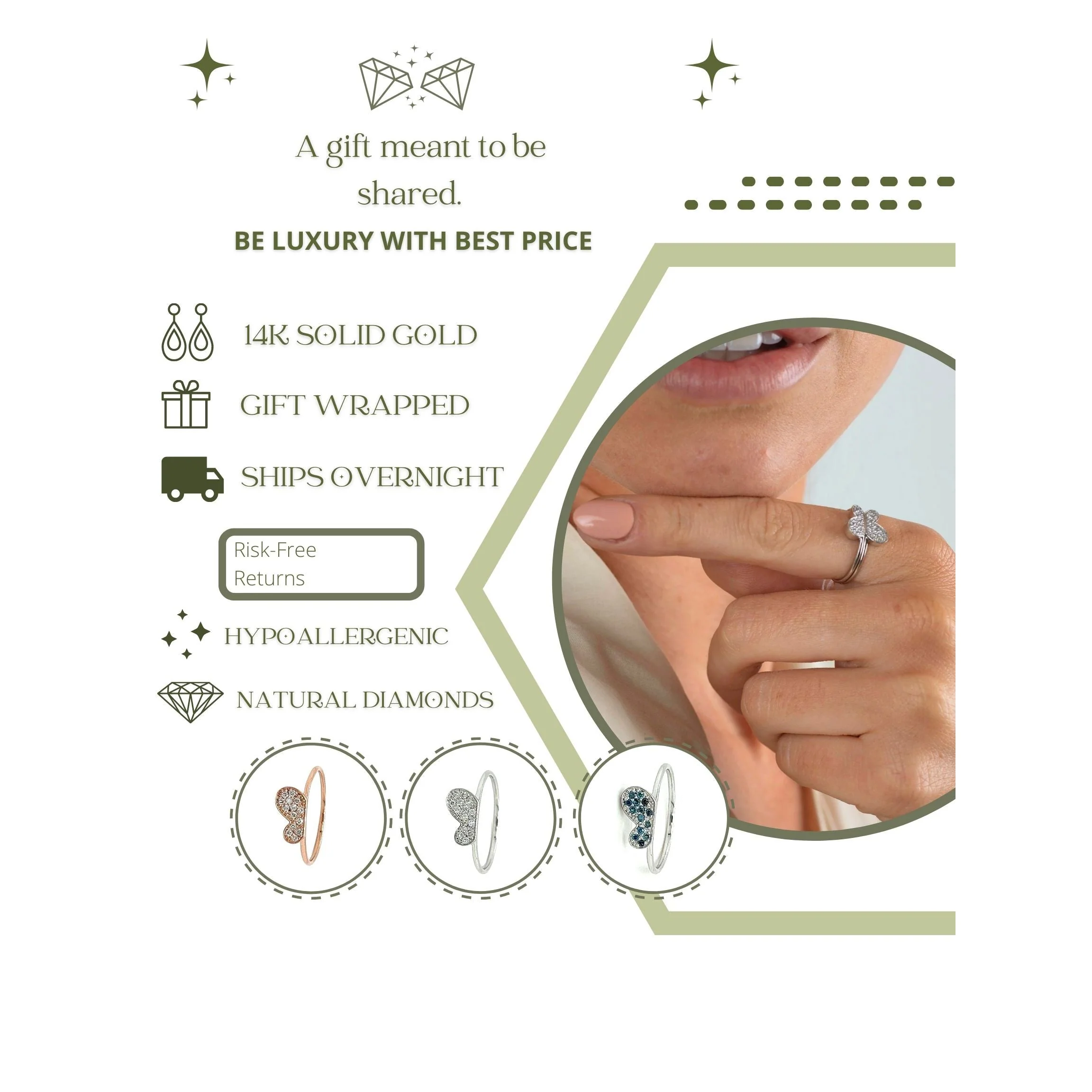 Natural Diamond Butterfly Ring 14K Gold Two-Piece Stack Ring - Image 10