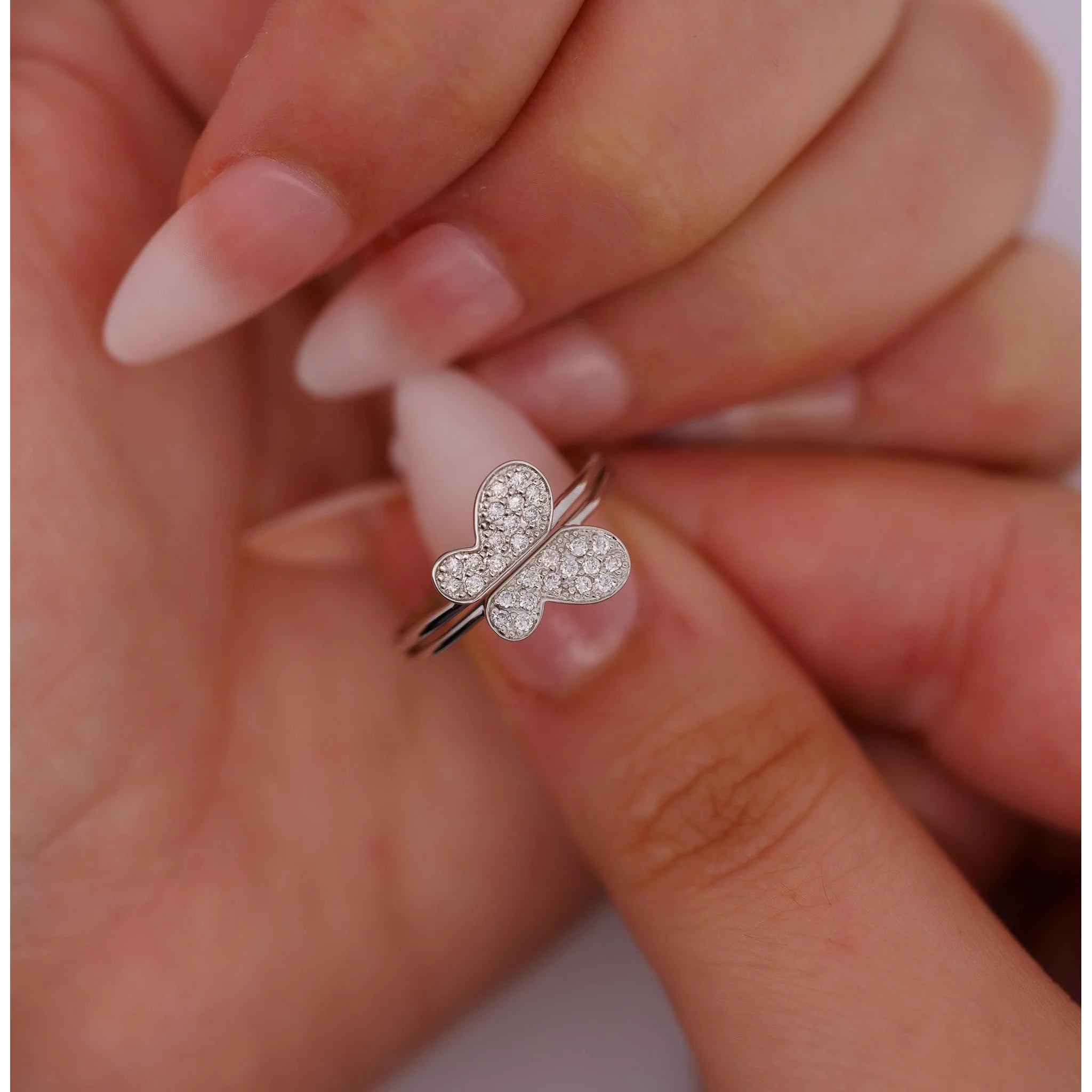 Natural Diamond Butterfly Ring 14K Gold Two-Piece Stack Ring - Image 11