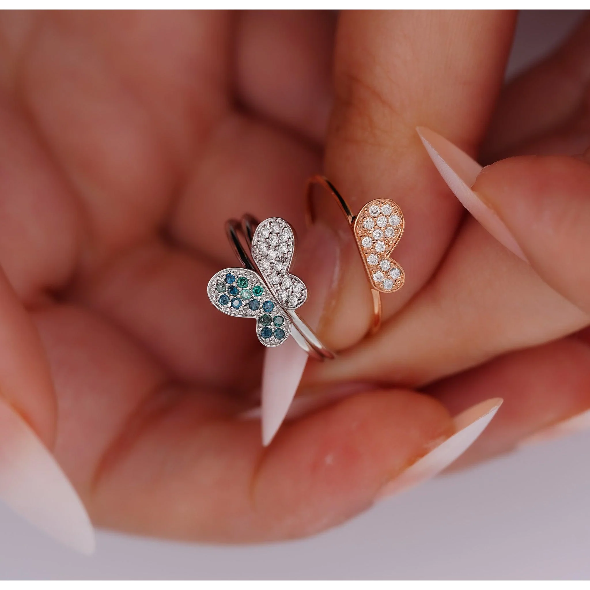 Natural Diamond Butterfly Ring 14K Gold Two-Piece Stack Ring - Image 2