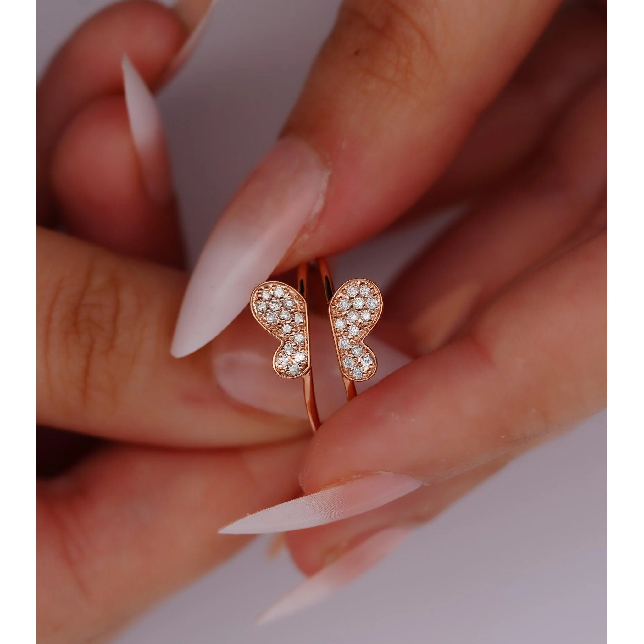 Natural Diamond Butterfly Ring 14K Gold Two-Piece Stack Ring - Image 4