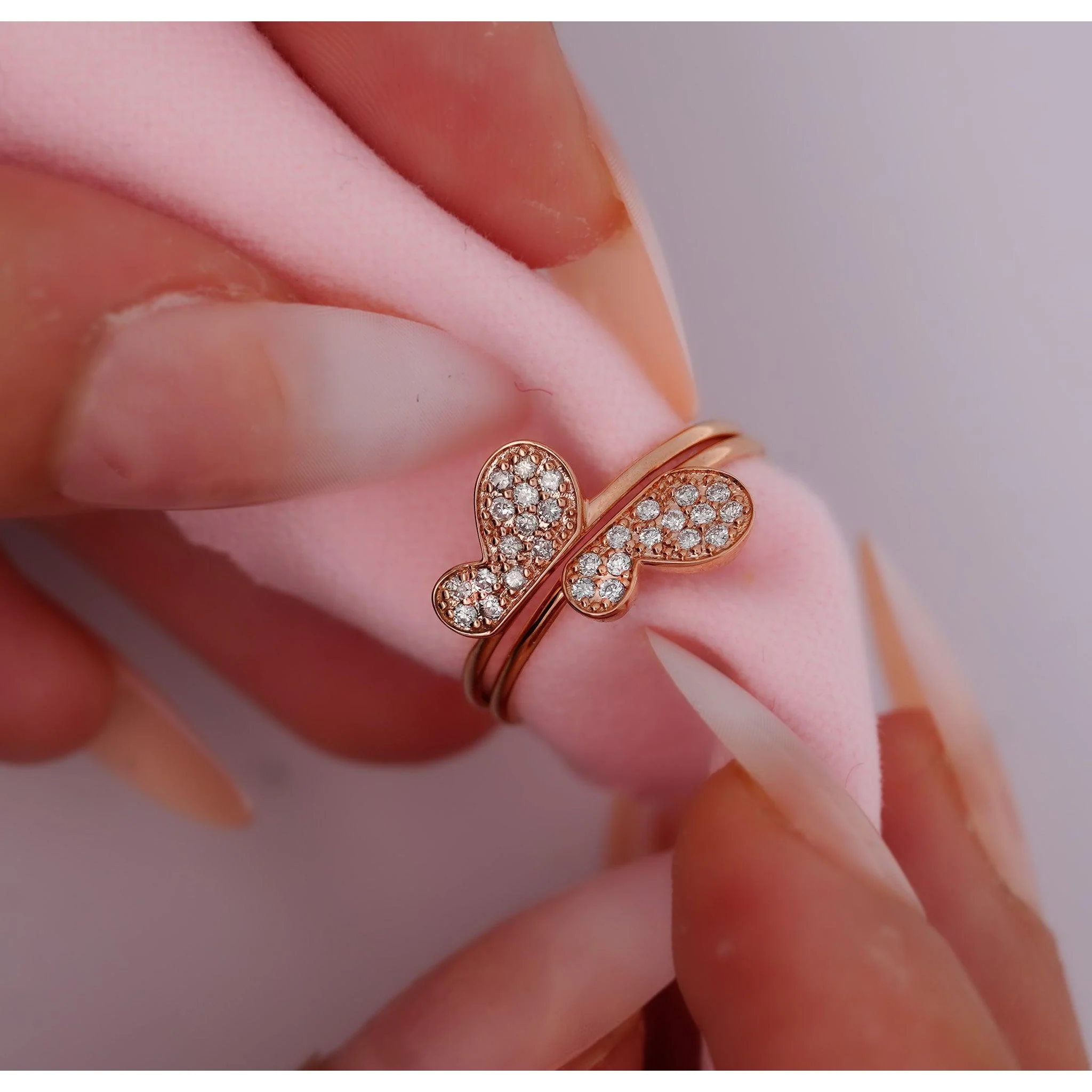 Natural Diamond Butterfly Ring 14K Gold Two-Piece Stack Ring - Image 5