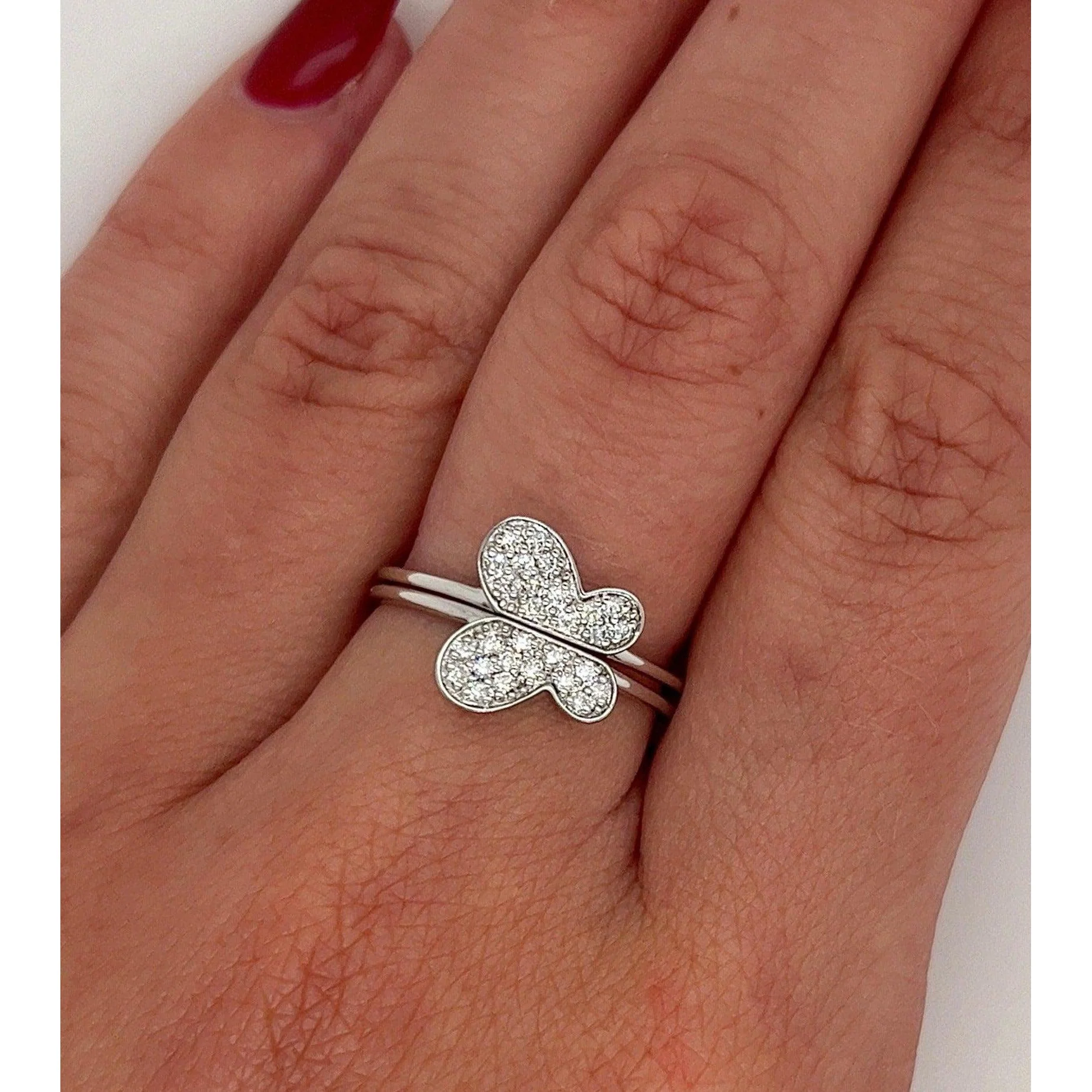 Natural Diamond Butterfly Ring 14K Gold Two-Piece Stack Ring - Image 8