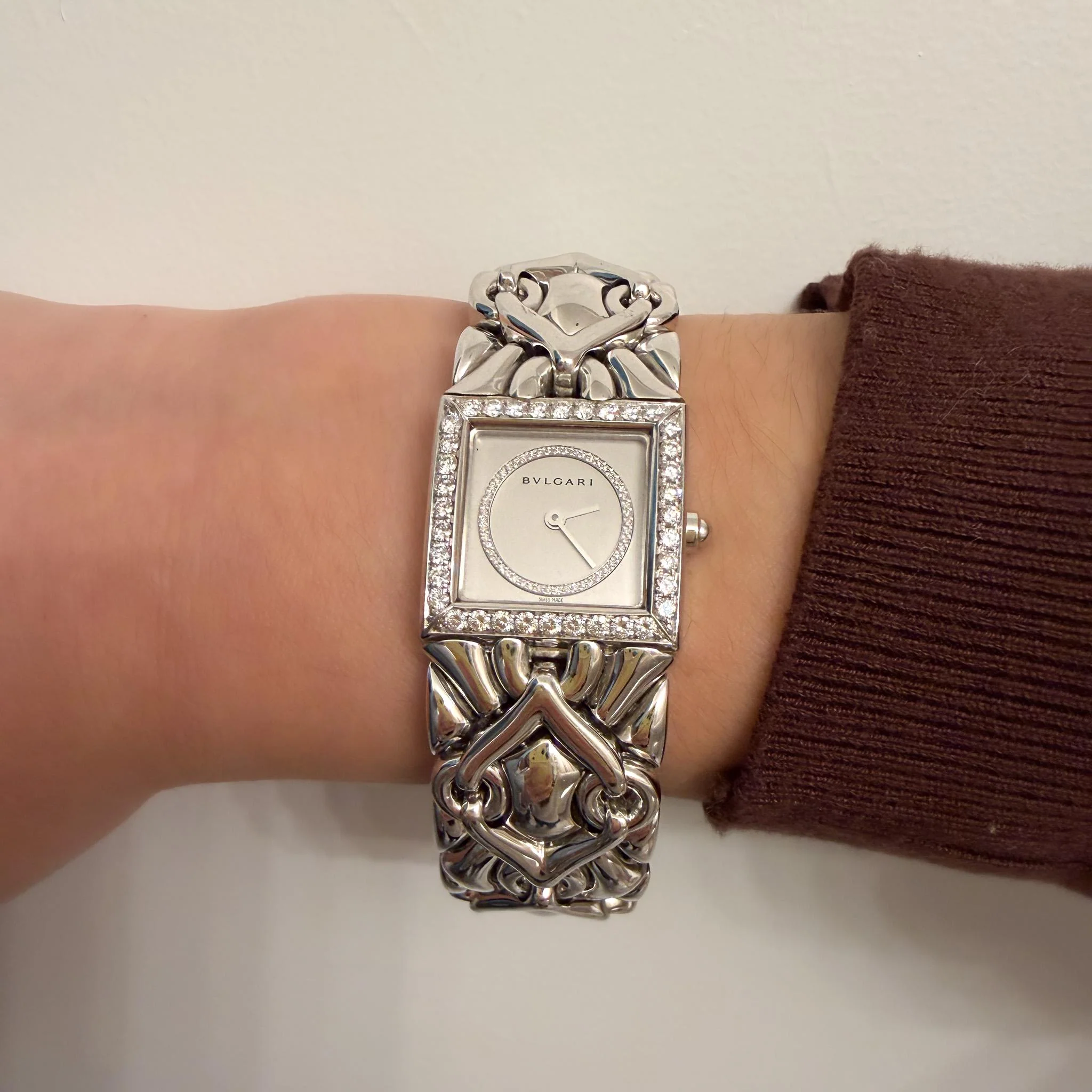 Bvlgari Trika Diamond 18K White Gold Integral Bracelet Square Watch Full Set - Image 6