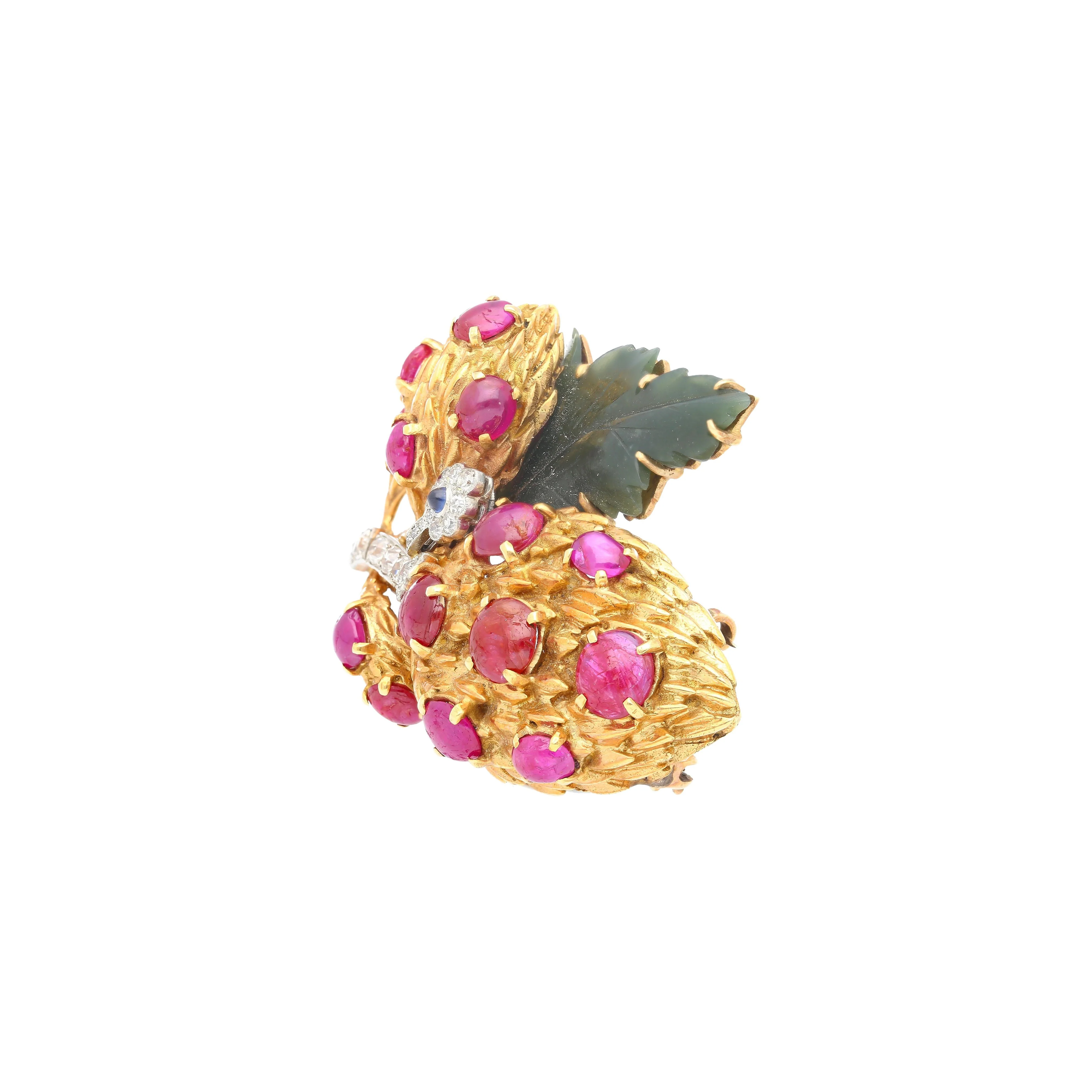 Cabochon Cut Ruby, Sapphire, Jade, and Diamond 18K/Platinum Brooch Pin - Image 4