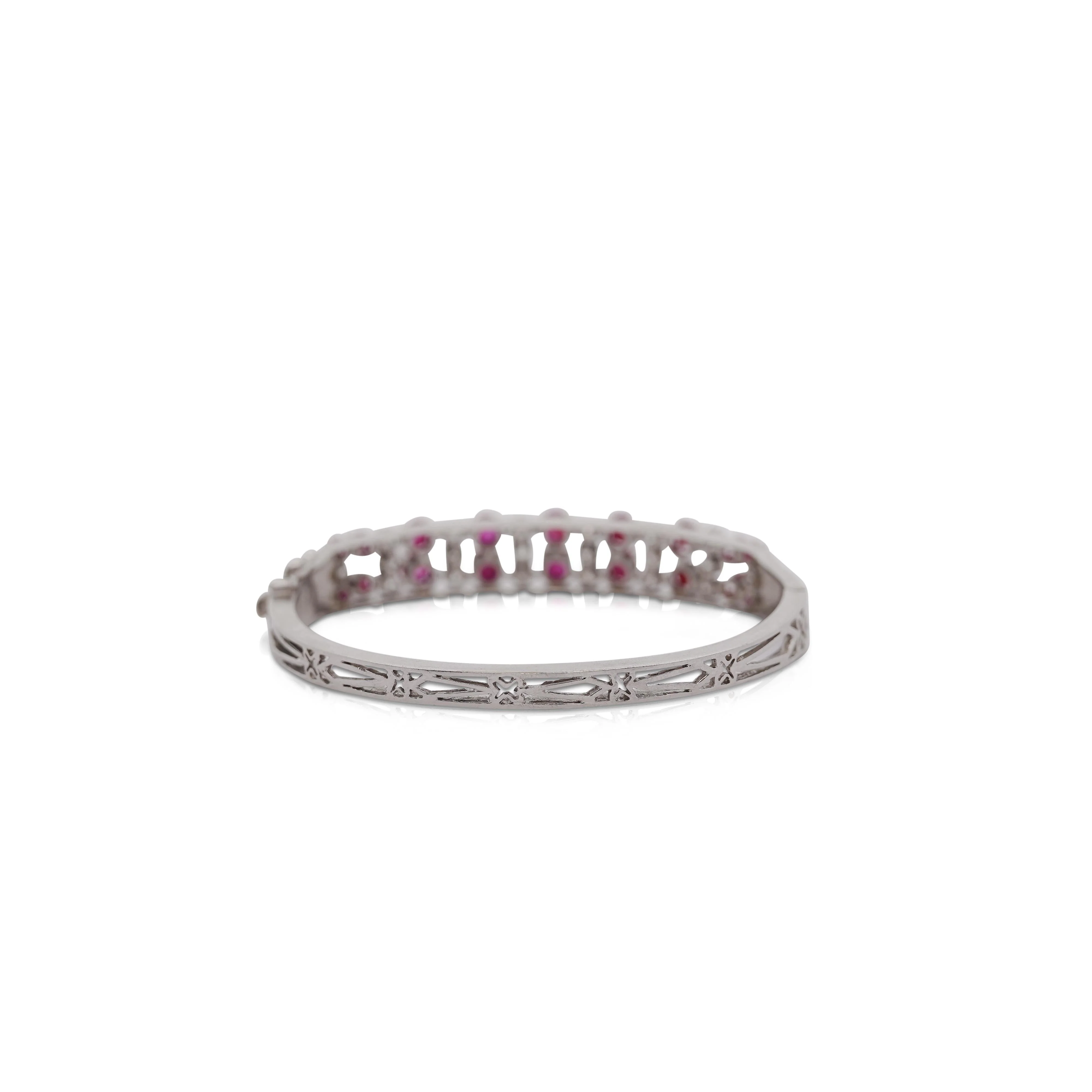 Cabochon Ruby and Round Diamond Bangle Bracelet in 14K White Gold - Image 3