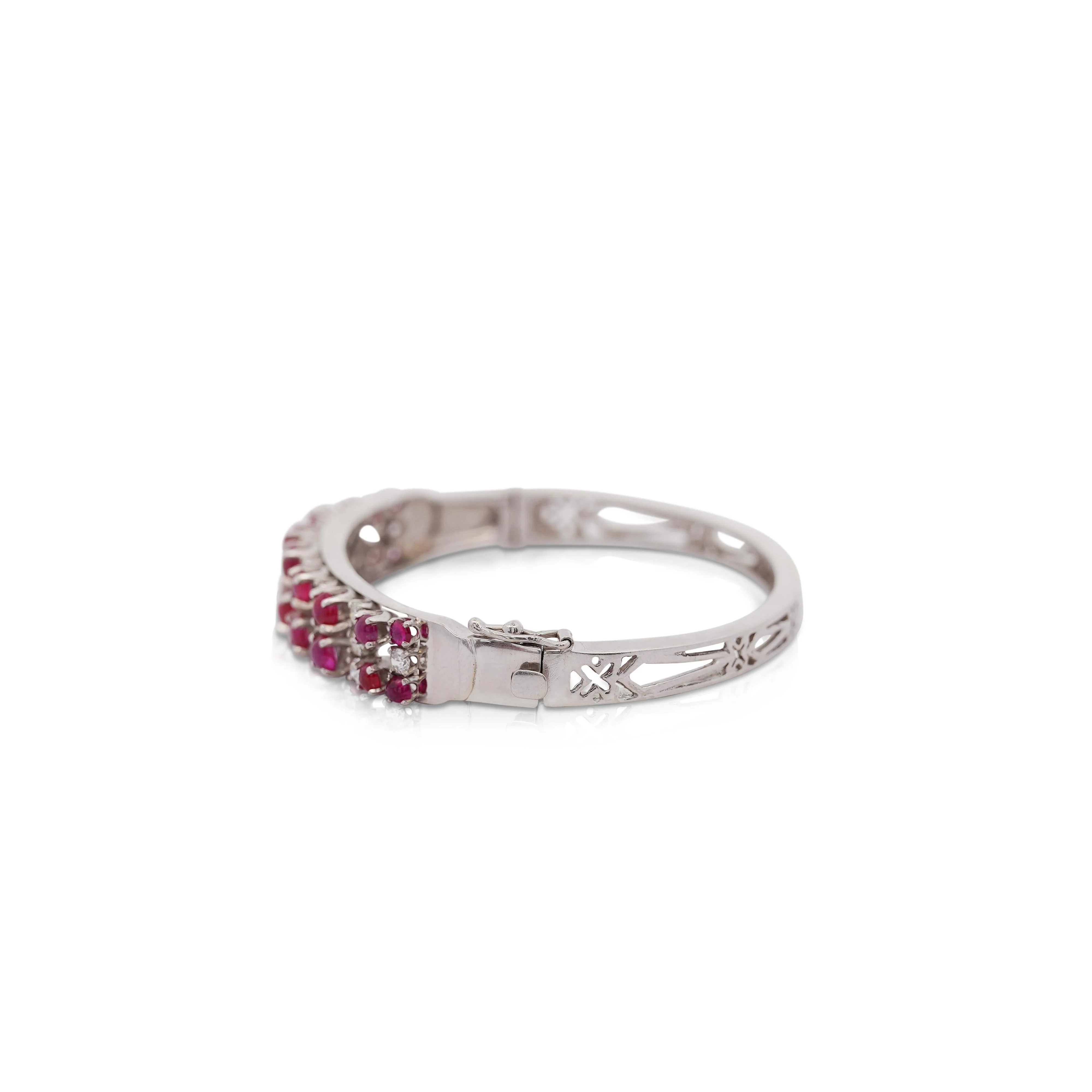 Cabochon Ruby and Round Diamond Bangle Bracelet in 14K White Gold - Image 4