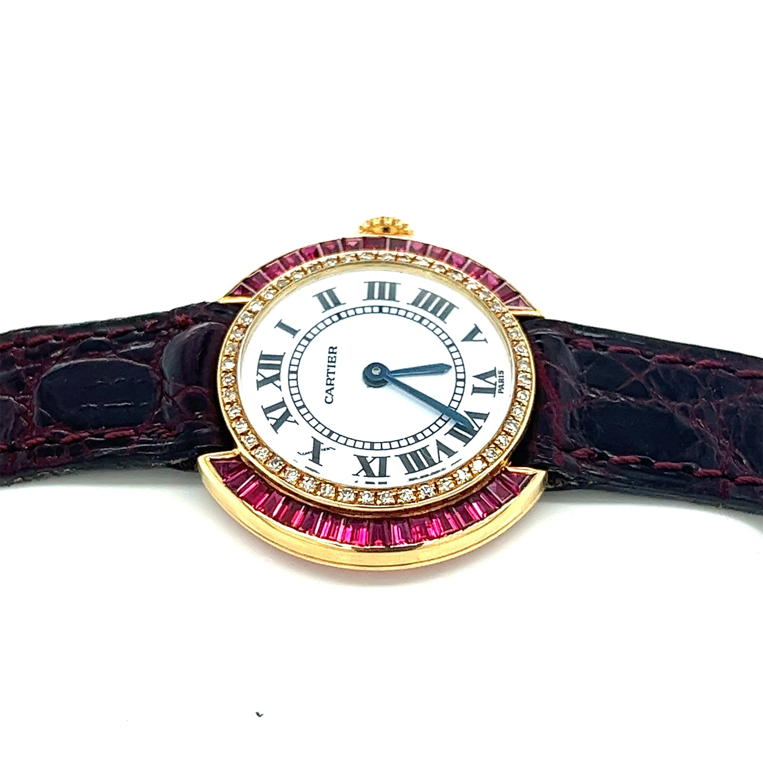 Cartier Paris 18K Gold and Leather 28MM Manual Wind Baguette Ruby and Diamond Watch - Image 3