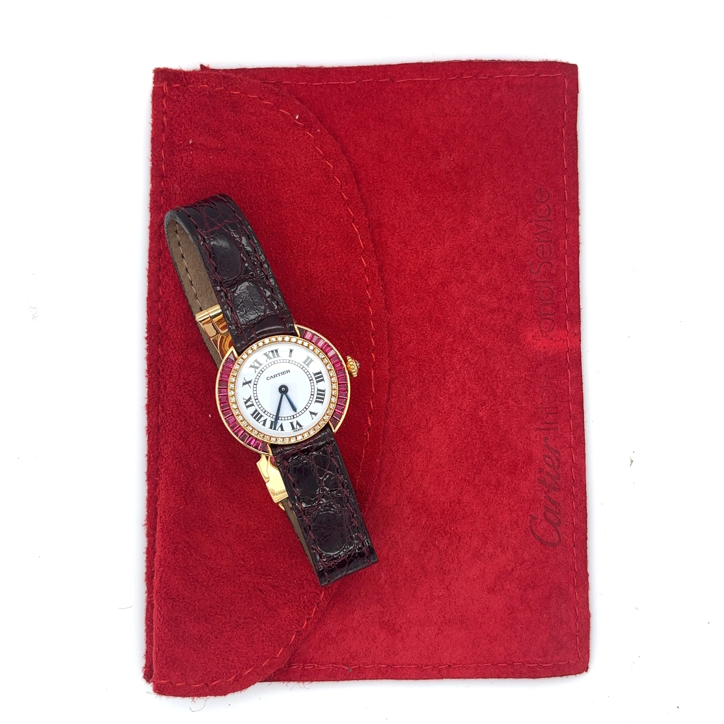Cartier Paris 18K Gold and Leather 28MM Manual Wind Baguette Ruby and Diamond Watch - Image 4