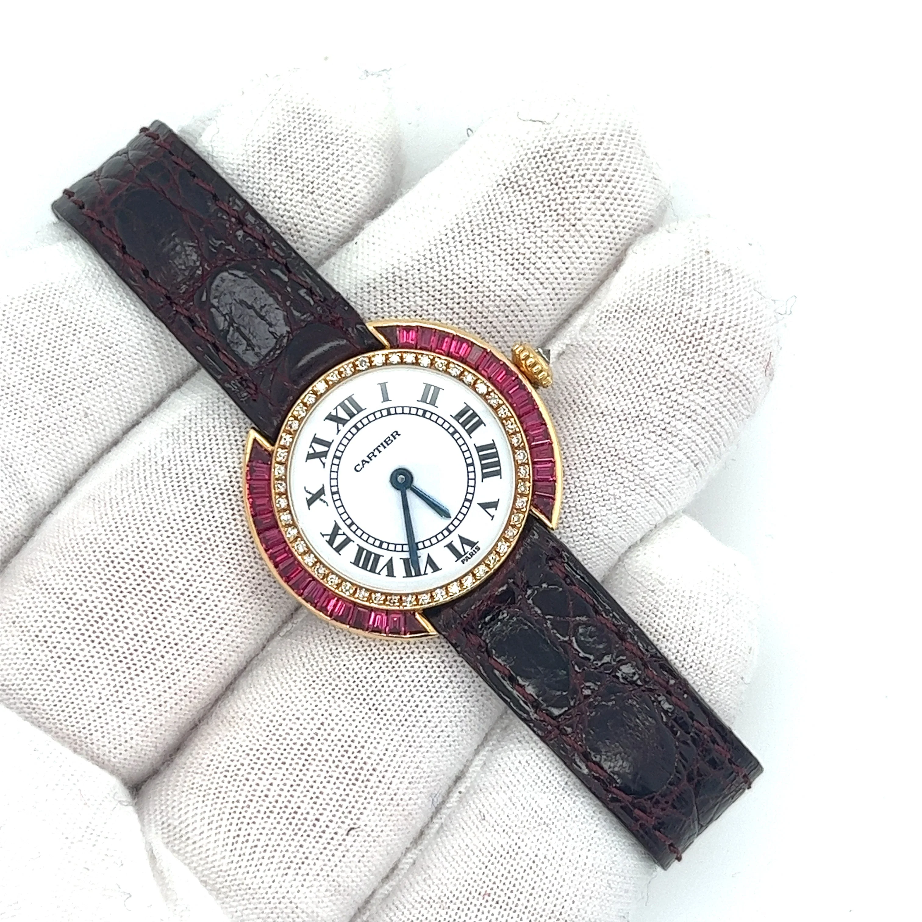 Cartier Paris 18K Gold and Leather 28MM Manual Wind Baguette Ruby and Diamond Watch - Image 5