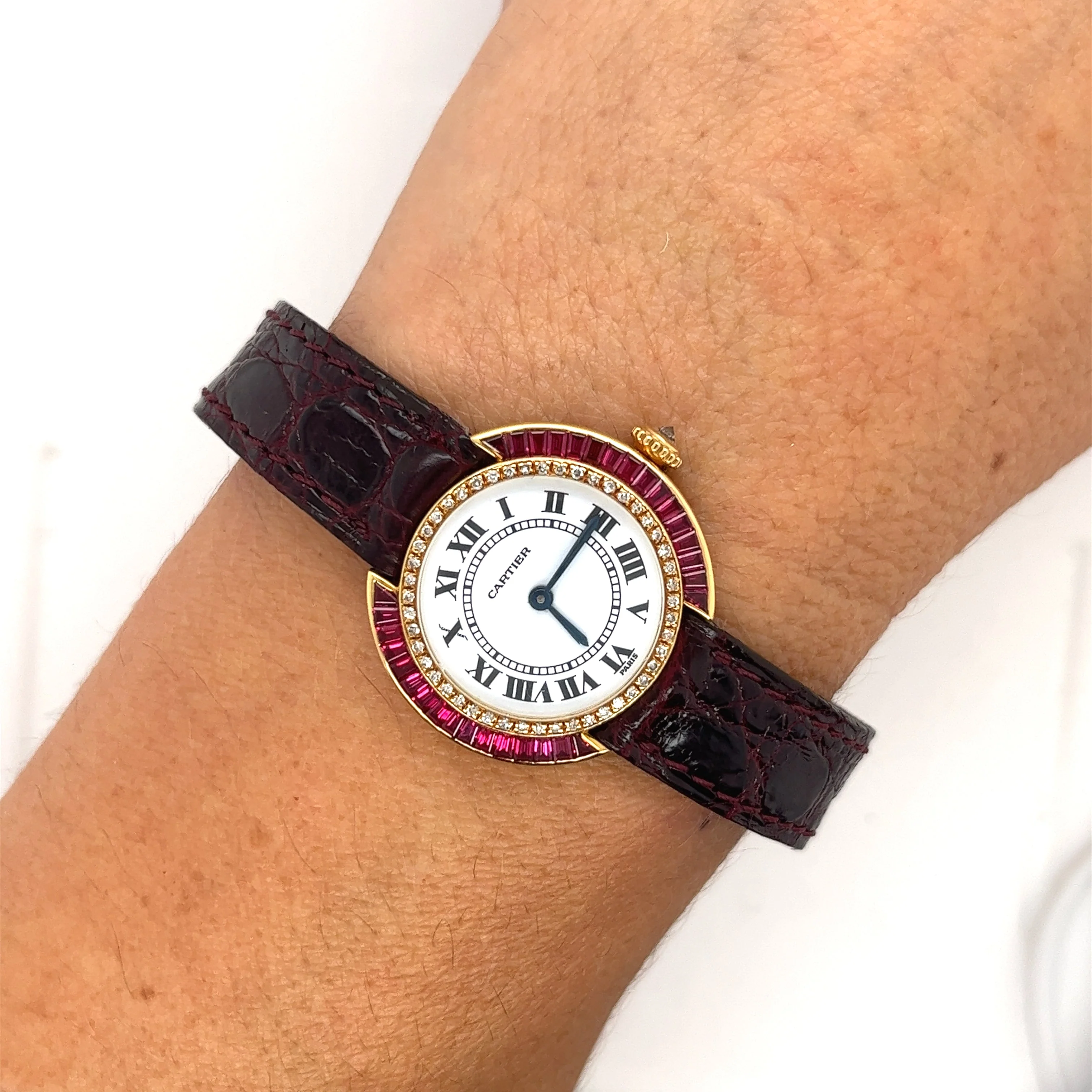 Cartier Paris 18K Gold and Leather 28MM Manual Wind Baguette Ruby and Diamond Watch - Image 6