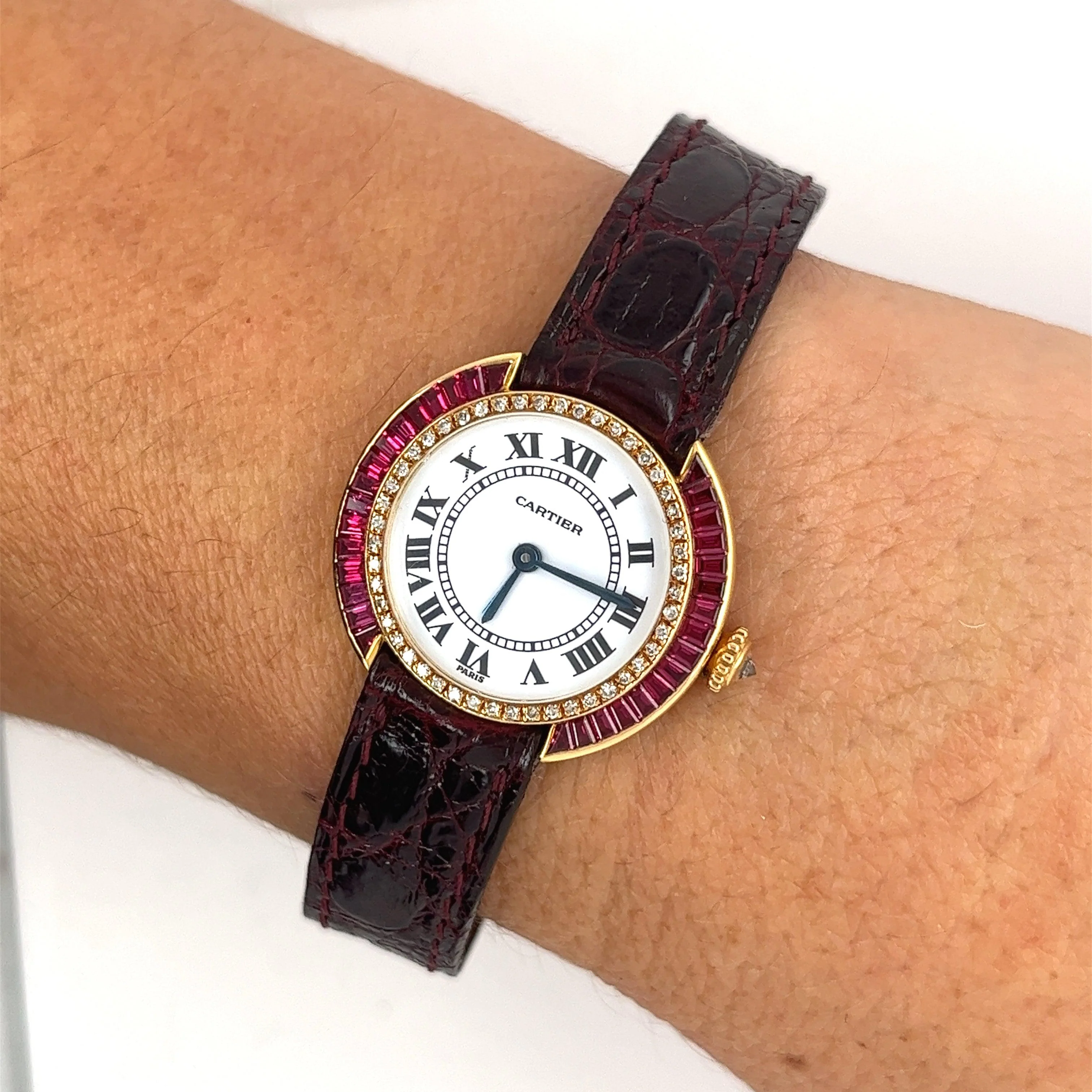 Cartier Paris 18K Gold and Leather 28MM Manual Wind Baguette Ruby and Diamond Watch - Image 7