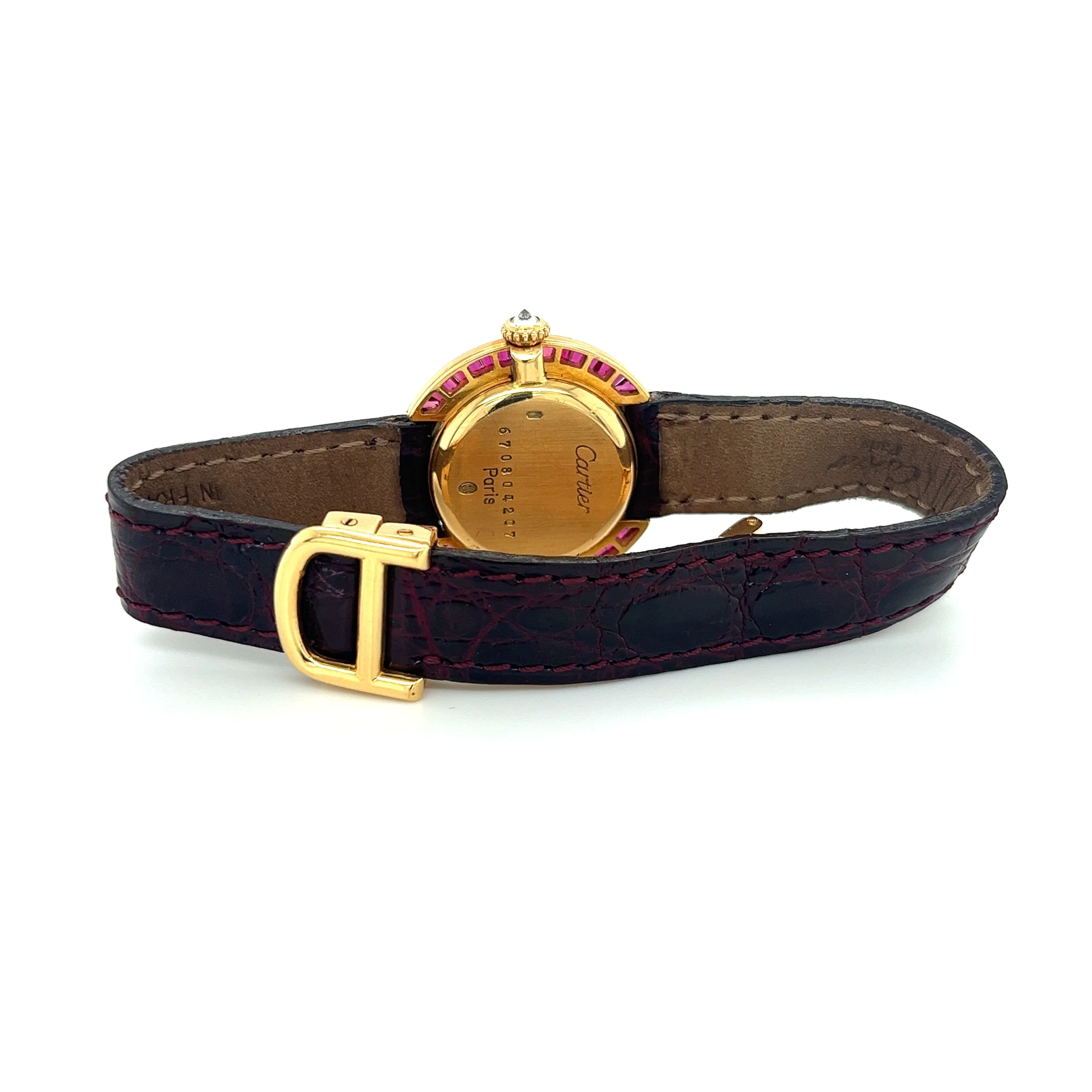 Cartier Paris 18K Gold and Leather 28MM Manual Wind Baguette Ruby and Diamond Watch - Image 9