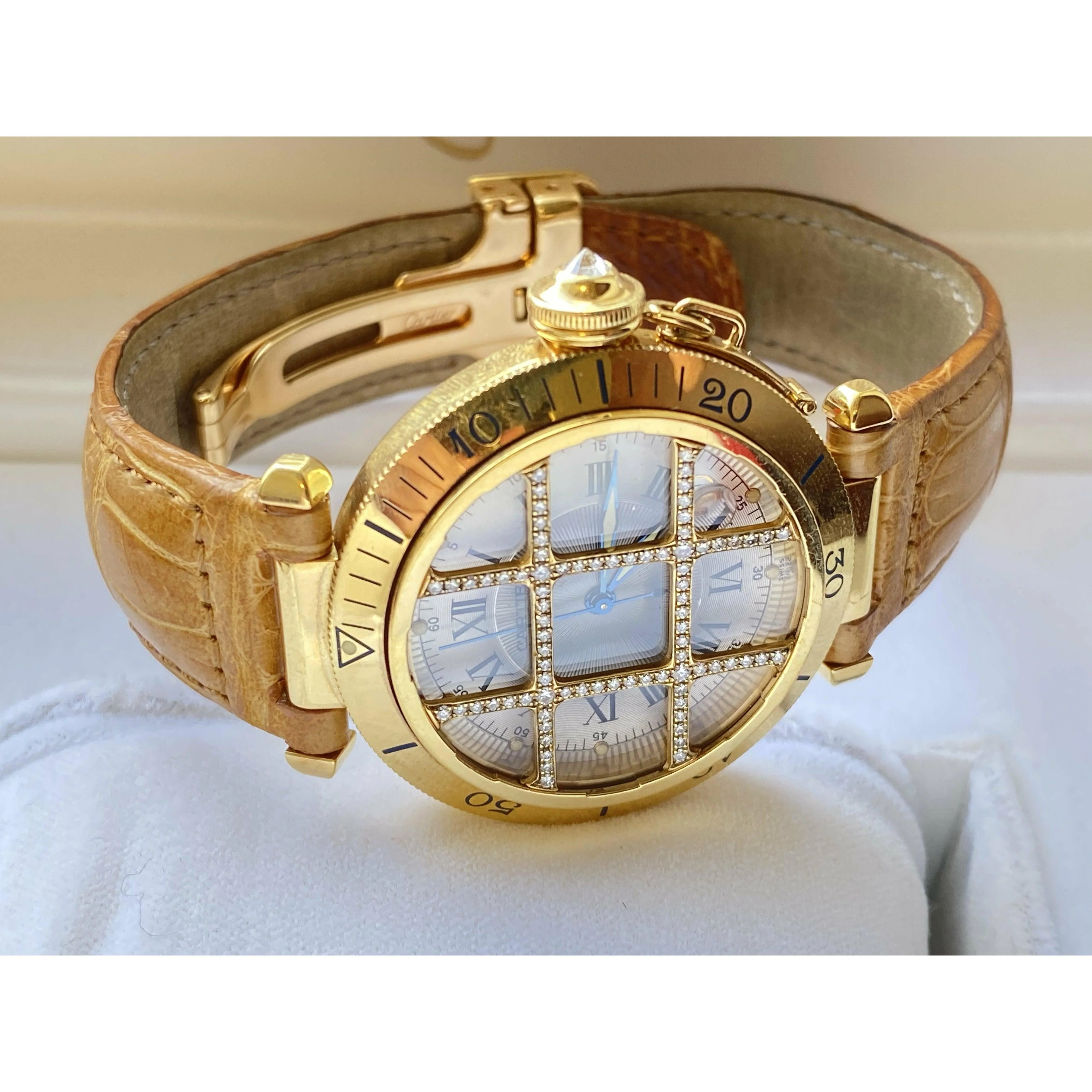 Cartier 36mm Pasha Men's Watch with Diamond Cage and Brown Leather Strap - Image 7