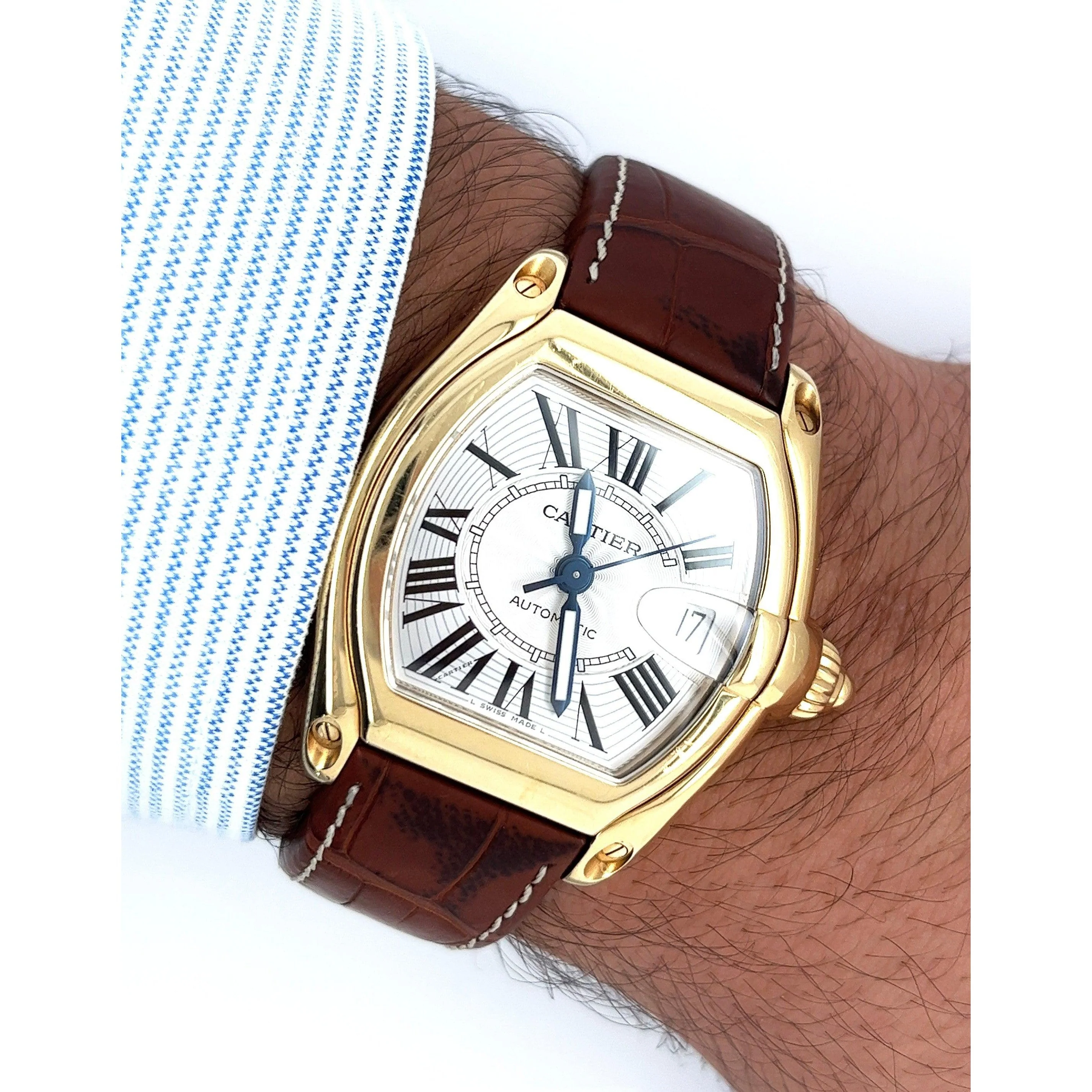 Cartier Roadster Ref. 2524 Men's Tonneau Large Size 18K Gold Watch in Leather with Box and Papers - Image 5