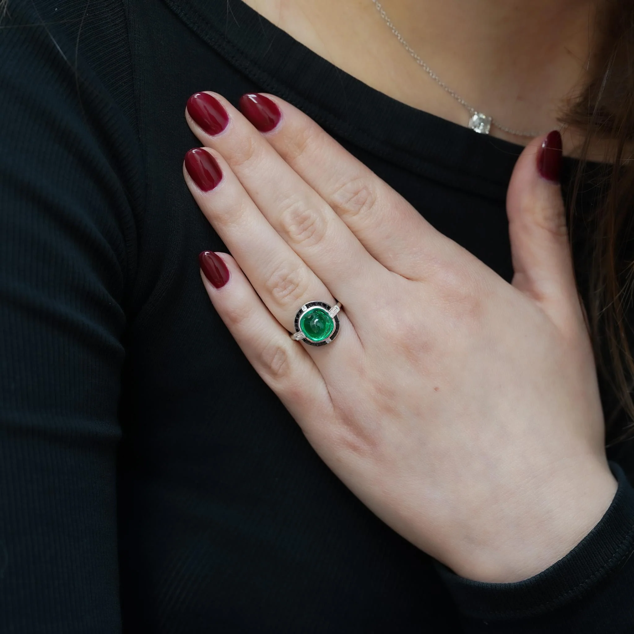 Cartier Signed Art Deco Colombian Emerald Onyx & Diamond Platinum Ring - Image 2