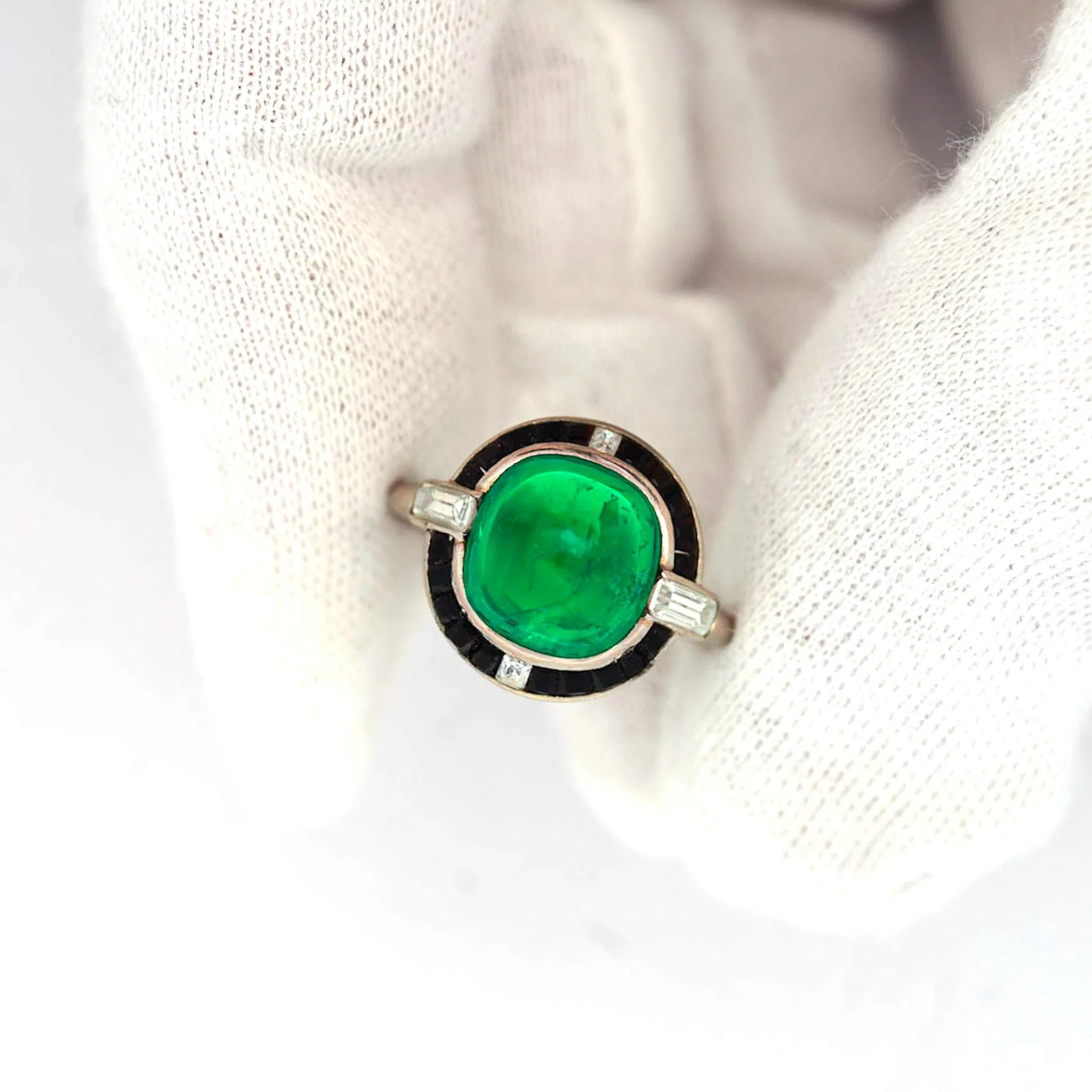 Cartier Signed Art Deco Colombian Emerald Onyx & Diamond Platinum Ring - Image 7