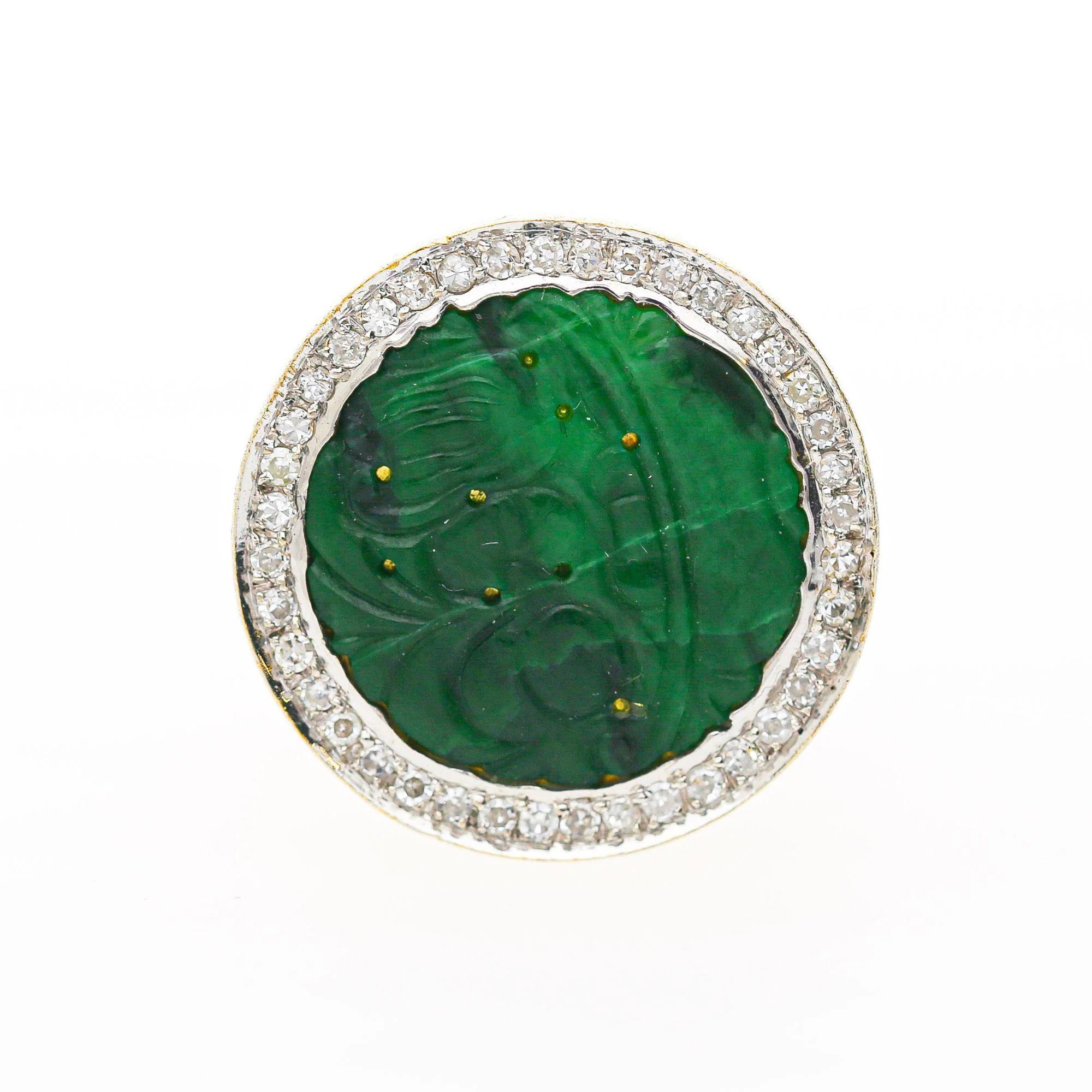 Carved Jade & Diamond in 18K Yellow Gold Two Tone White Gold Halo Wide Band Ring - Image 2