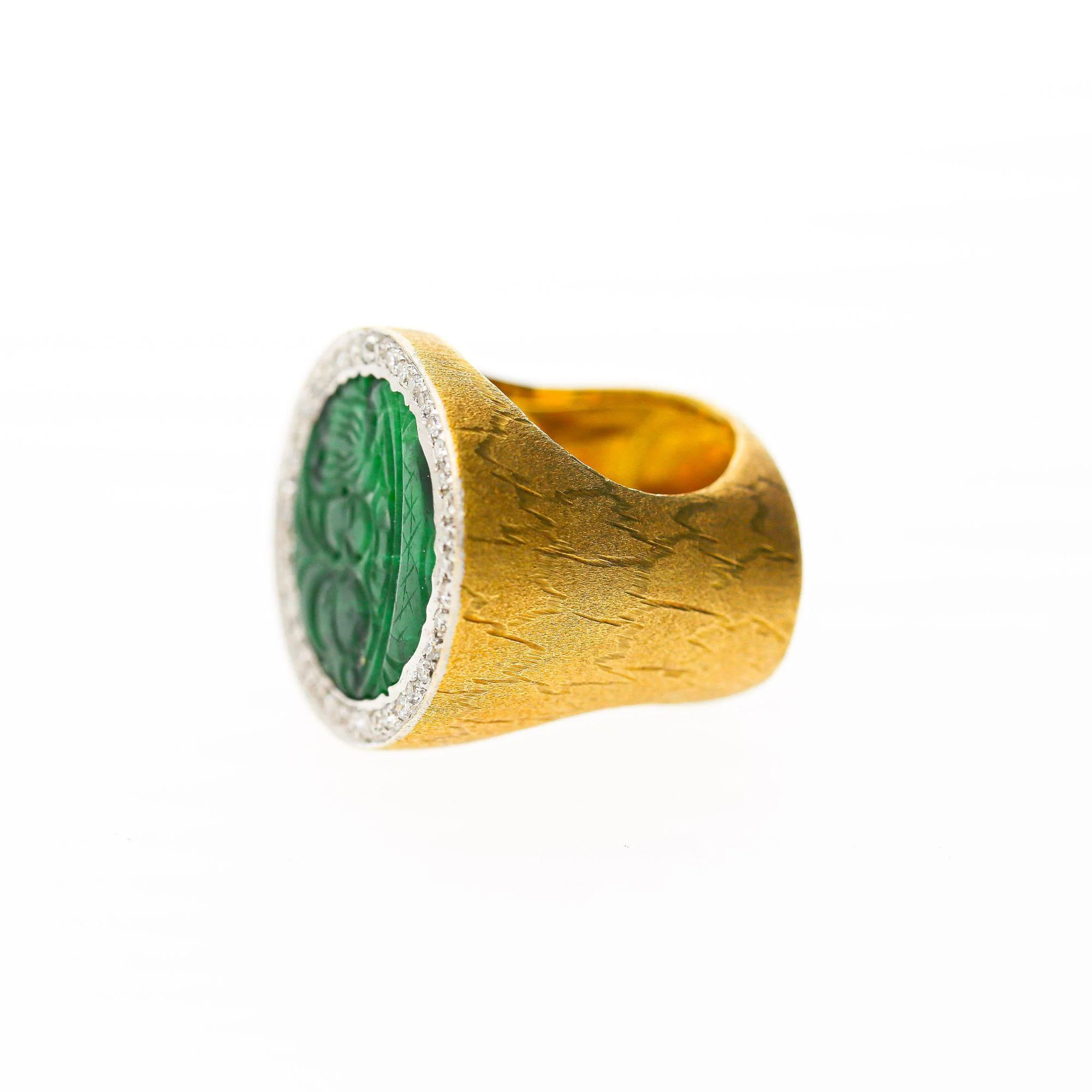 Carved Jade & Diamond in 18K Yellow Gold Two Tone White Gold Halo Wide Band Ring - Image 3