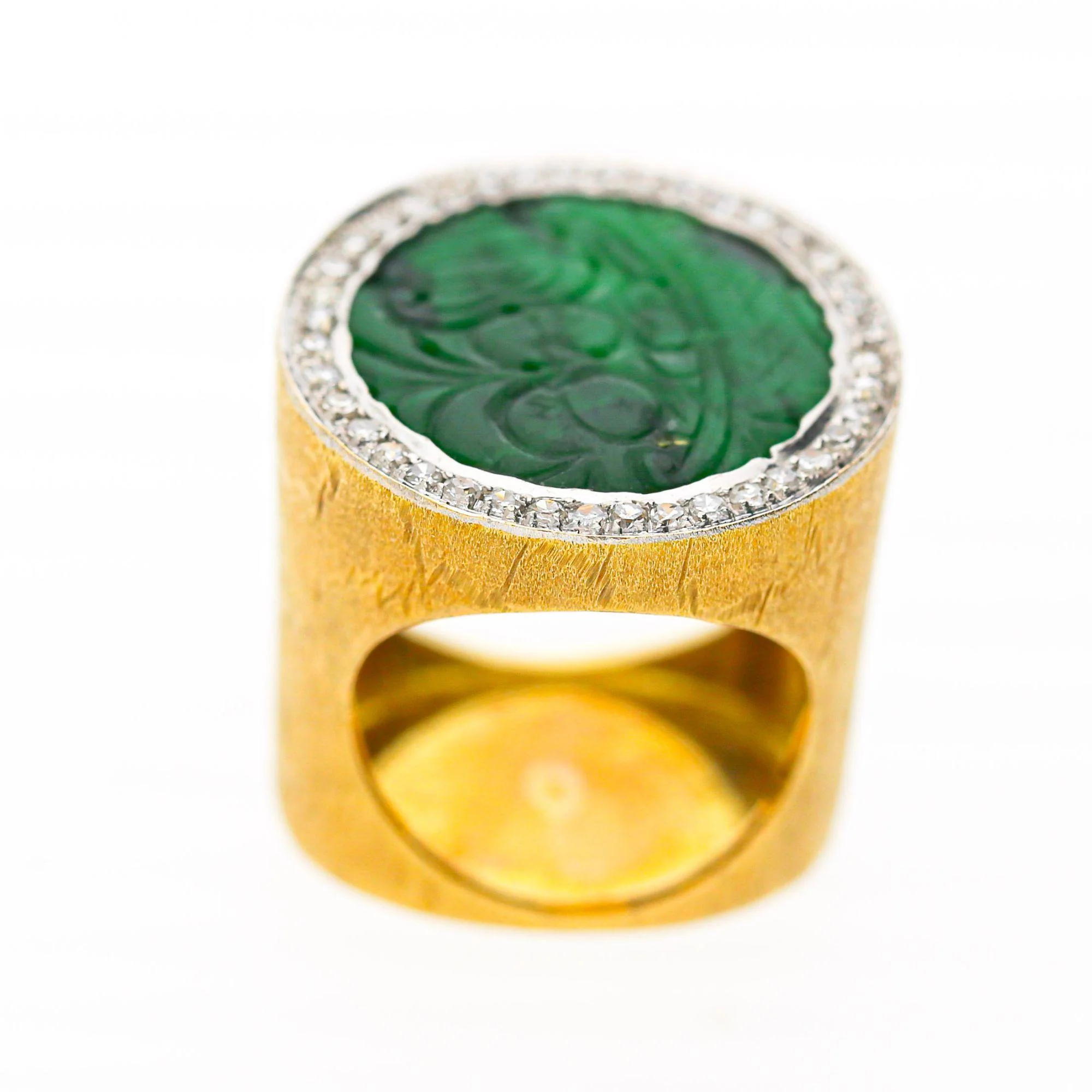 Carved Jade & Diamond in 18K Yellow Gold Two Tone White Gold Halo Wide Band Ring - Image 5