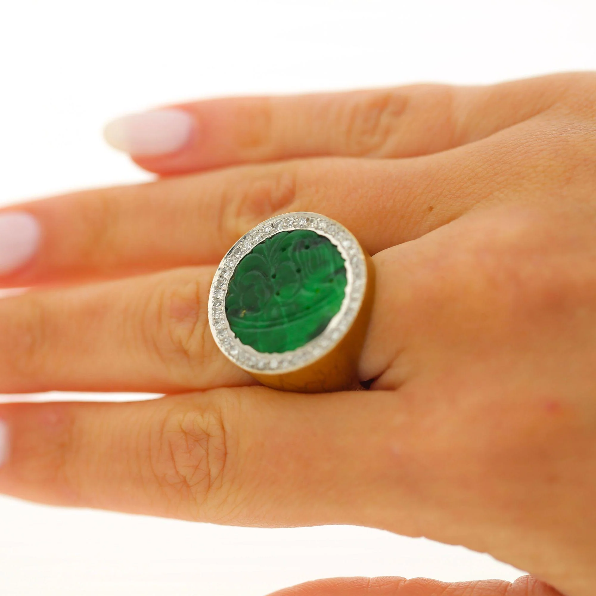 Carved Jade & Diamond in 18K Yellow Gold Two Tone White Gold Halo Wide Band Ring - Image 6