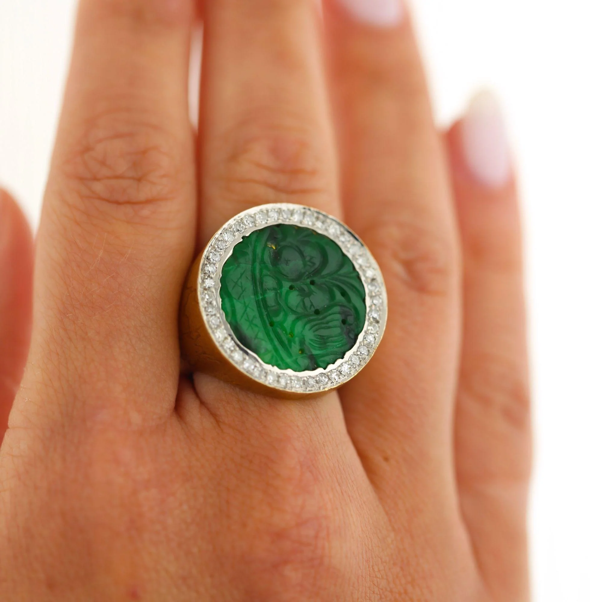 Carved Jade & Diamond in 18K Yellow Gold Two Tone White Gold Halo Wide Band Ring - Image 7