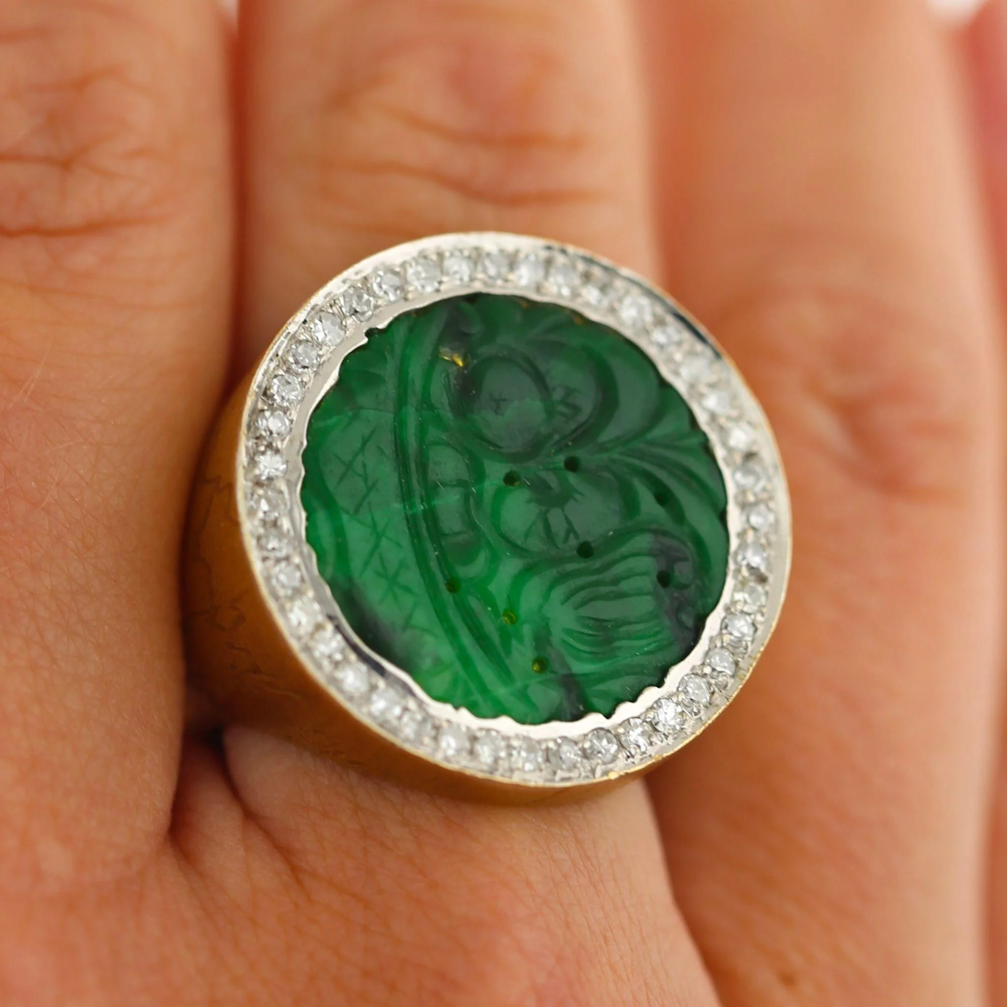 Carved Jade & Diamond in 18K Yellow Gold Two Tone White Gold Halo Wide Band Ring - Image 9