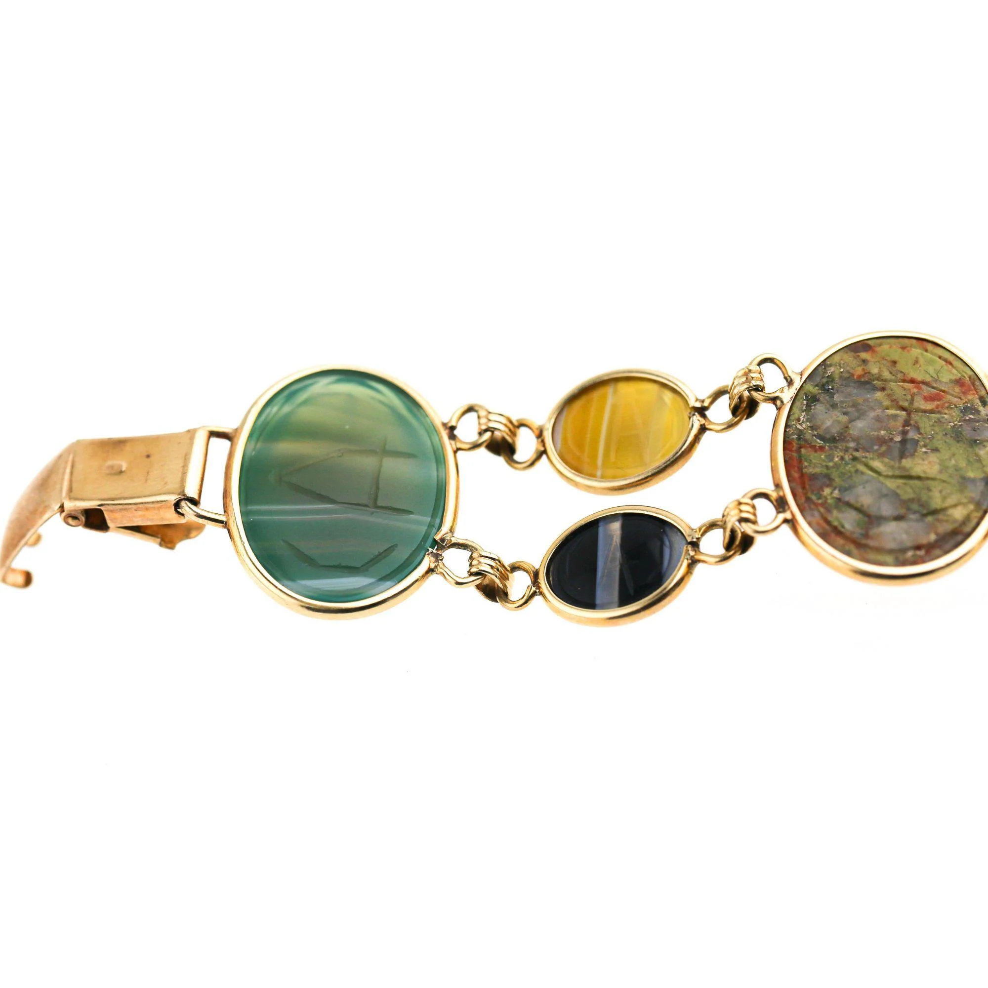 Carved Scarab Beetle 14K Gold Multicolor Hardstone Egyptian Revival Bracelet - Image 10