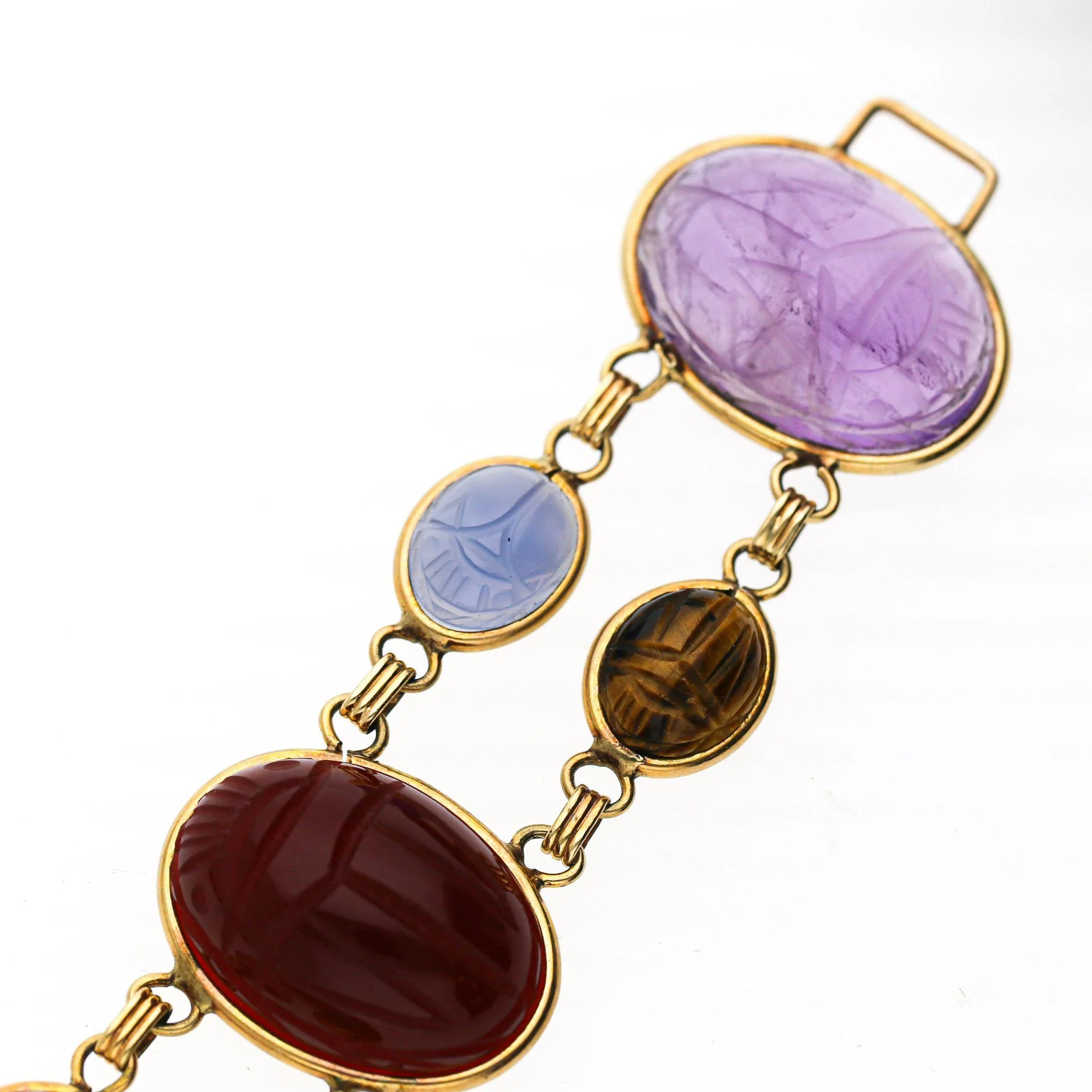 Carved Scarab Beetle 14K Gold Multicolor Hardstone Egyptian Revival Bracelet - Image 11