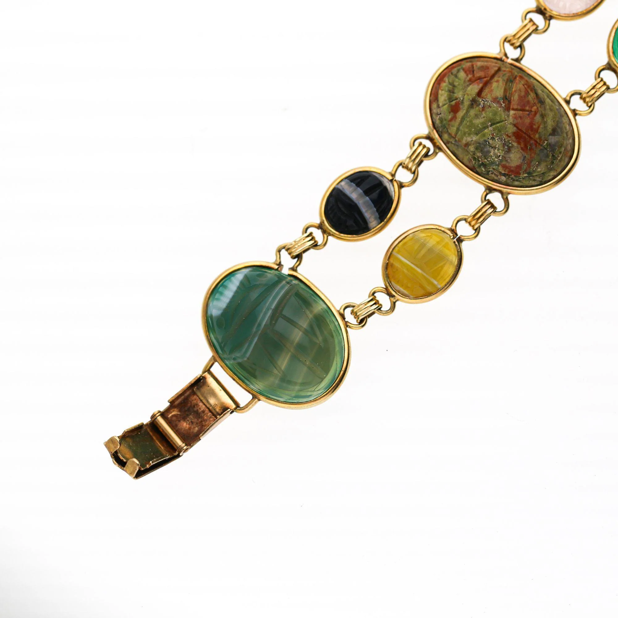 Carved Scarab Beetle 14K Gold Multicolor Hardstone Egyptian Revival Bracelet - Image 12