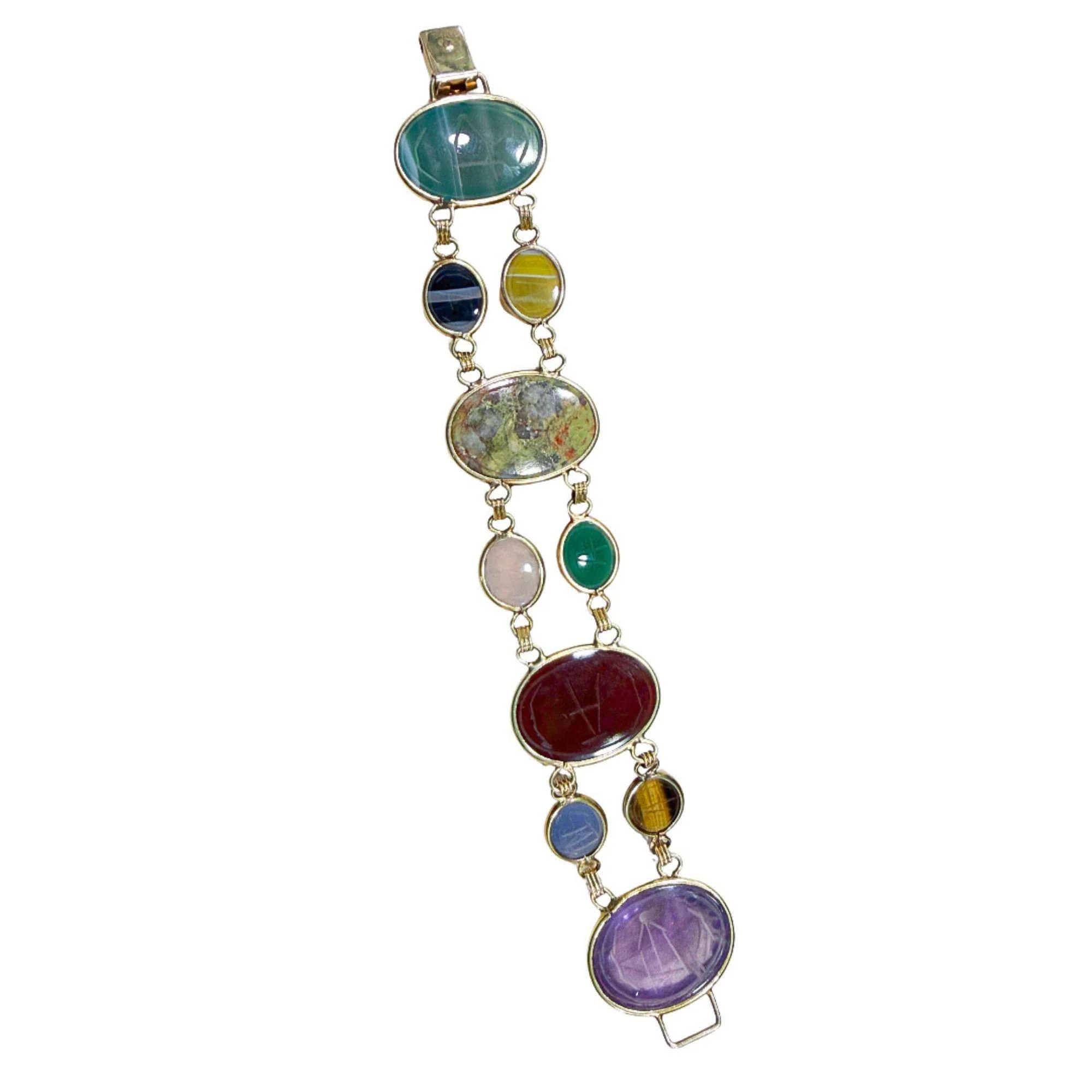 Carved Scarab Beetle 14K Gold Multicolor Hardstone Egyptian Revival Bracelet - Image 4