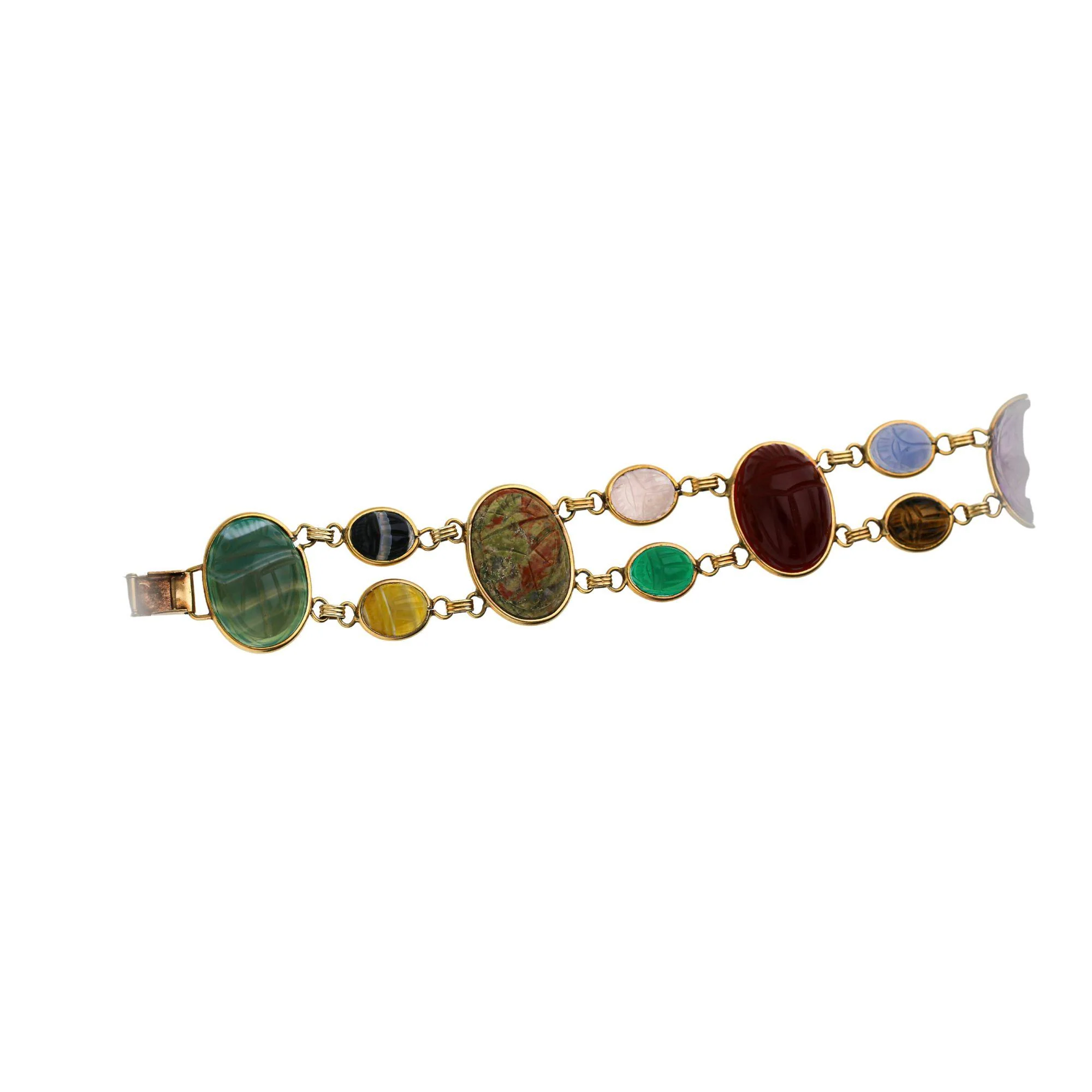 Carved Scarab Beetle 14K Gold Multicolor Hardstone Egyptian Revival Bracelet - Image 7