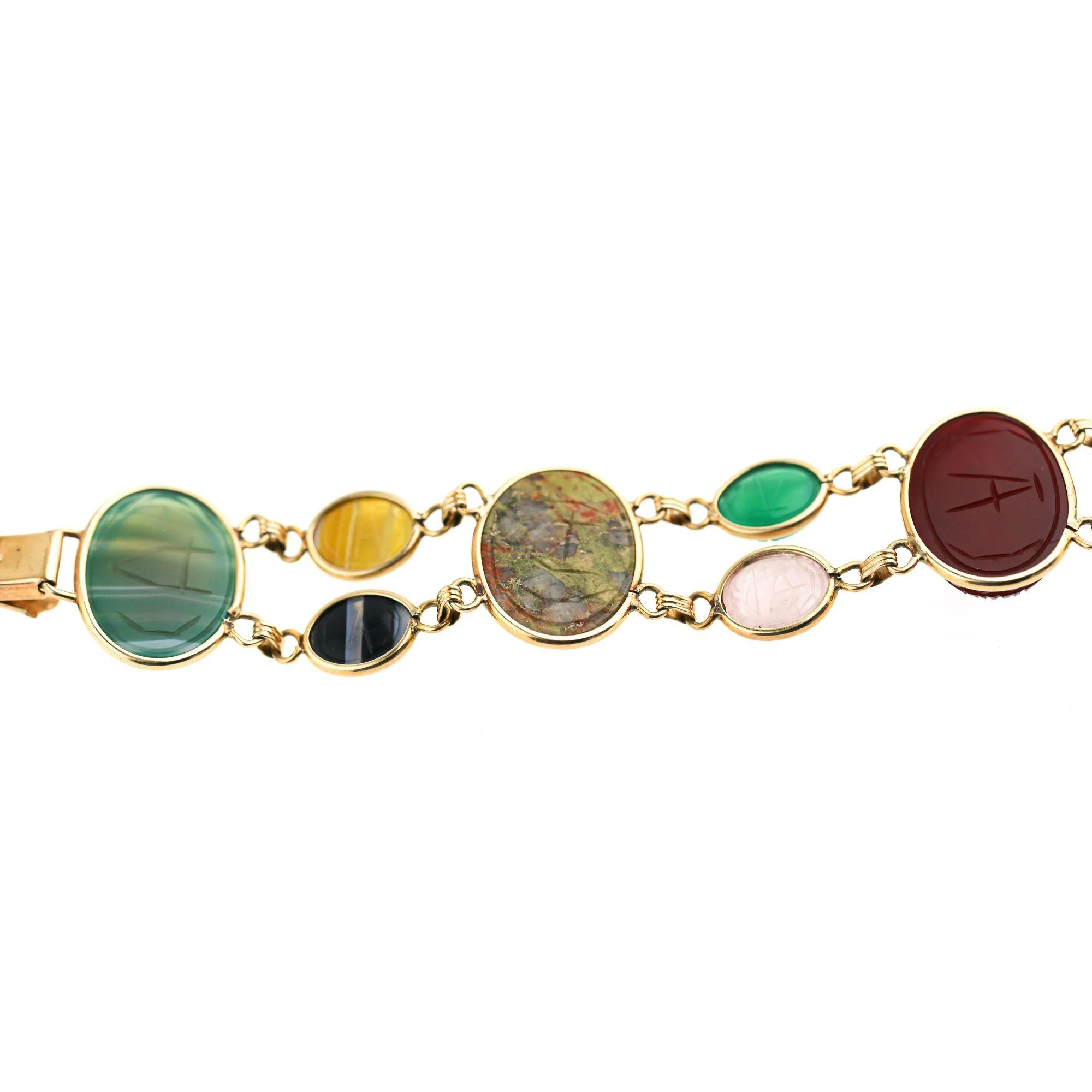 Carved Scarab Beetle 14K Gold Multicolor Hardstone Egyptian Revival Bracelet - Image 9