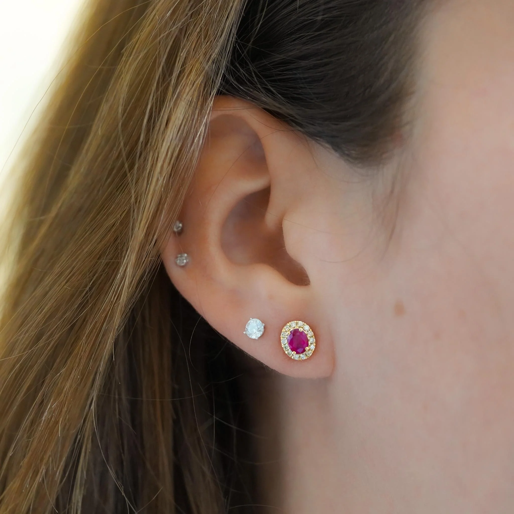 Certified 1 Carat Ruby Diamond Halo Stud Earring in 14K - Image 2