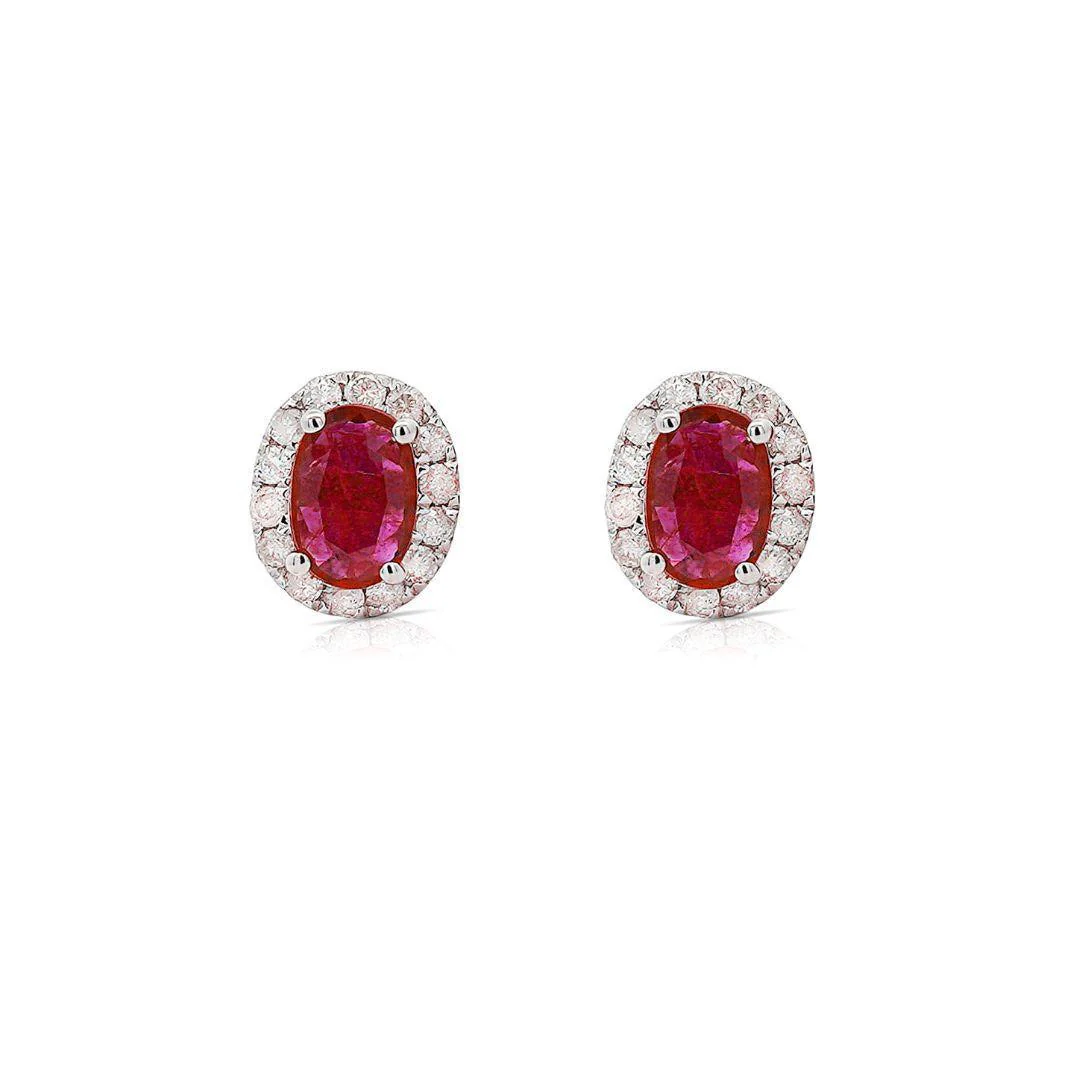 Certified 1 Carat Ruby Diamond Halo Stud Earring in 14K - Image 3