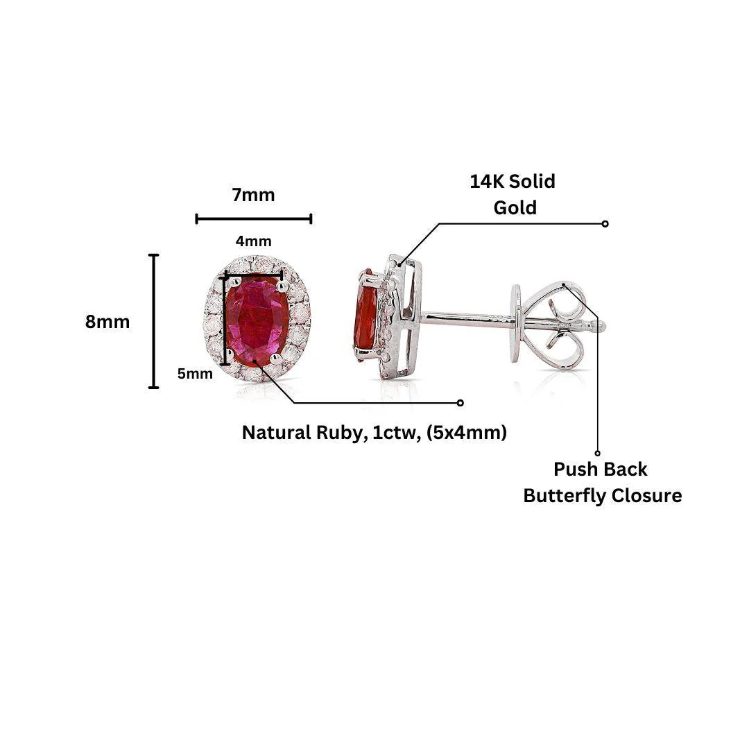 Certified 1 Carat Ruby Diamond Halo Stud Earring in 14K - Image 6