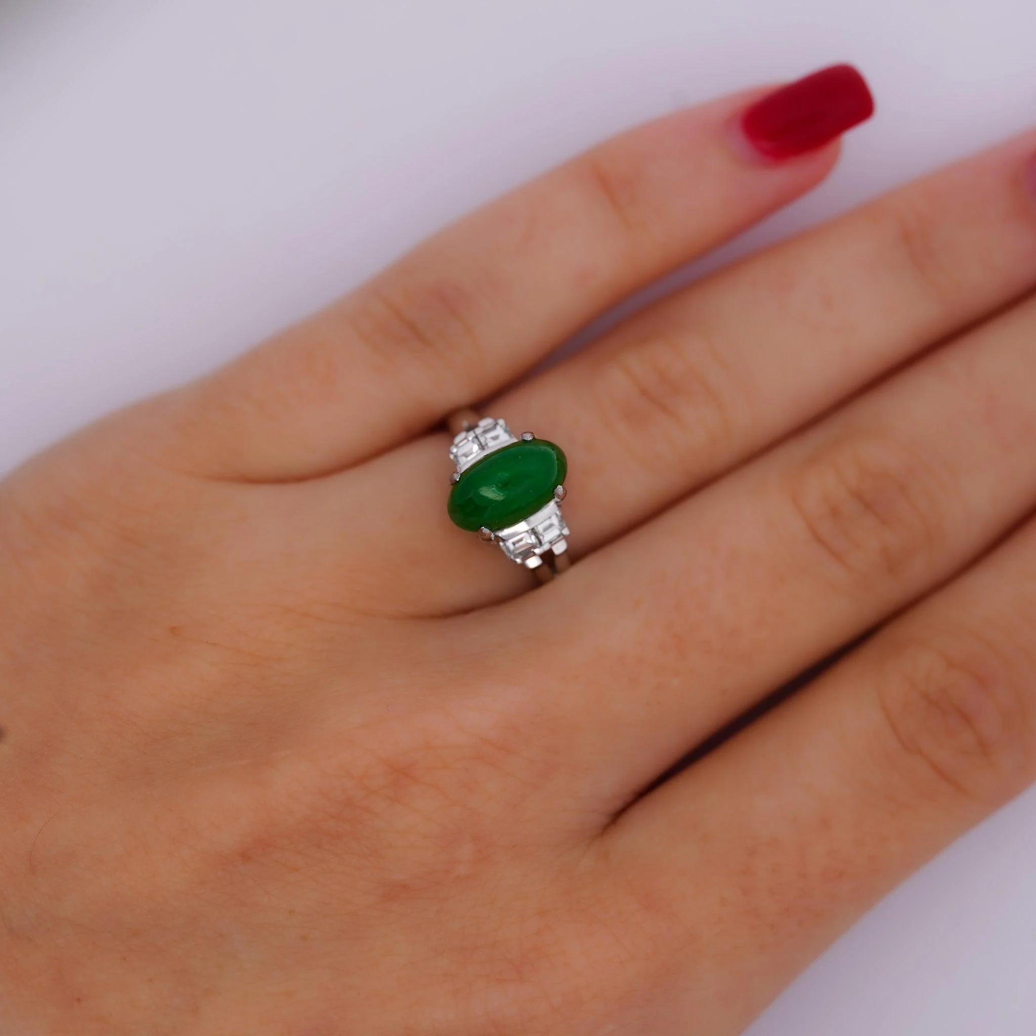 Certified 2.69 Carat Oval Bright Green Untreated A Jadeite Jade Platinum Ring - Image 2