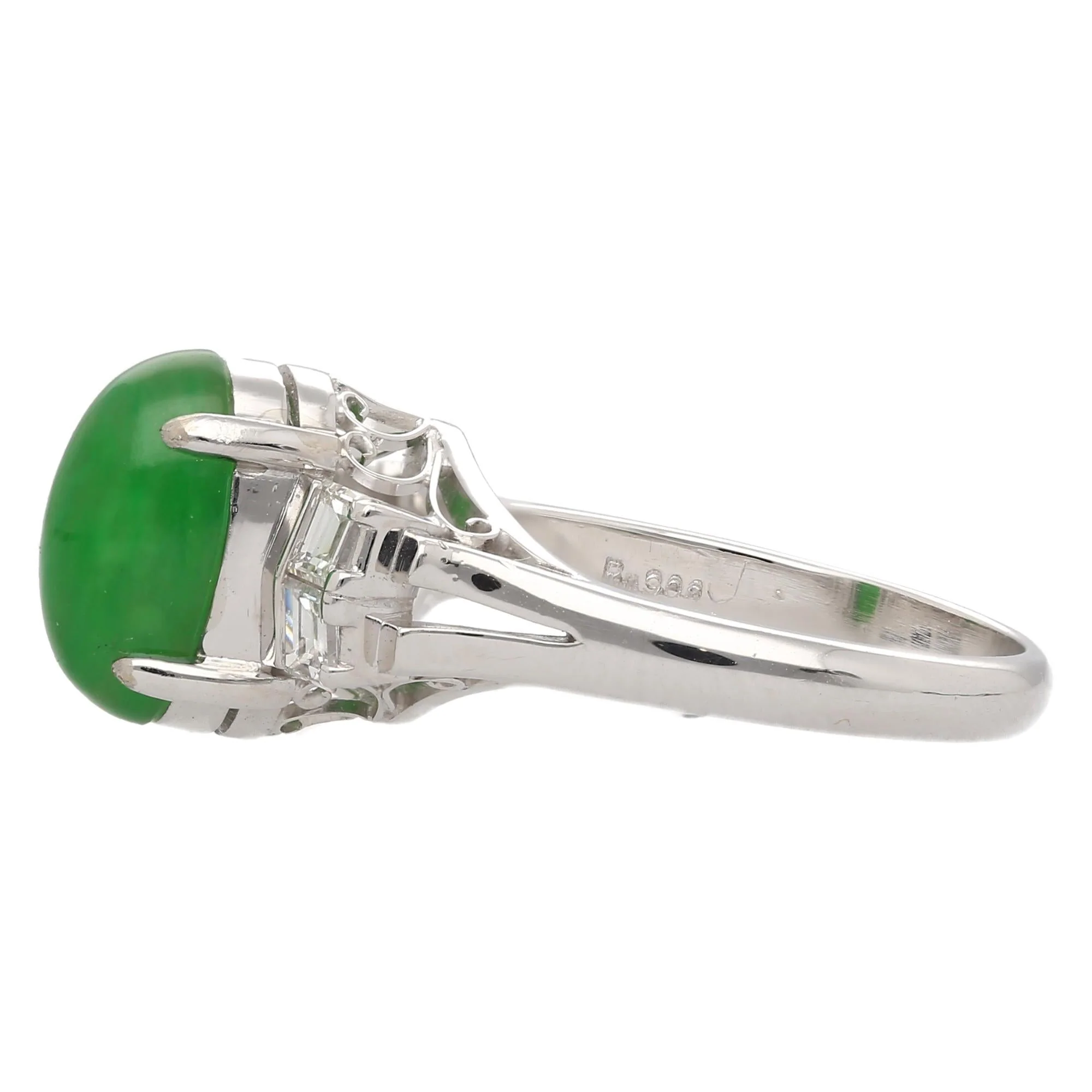 Certified 2.69 Carat Oval Bright Green Untreated A Jadeite Jade Platinum Ring - Image 3