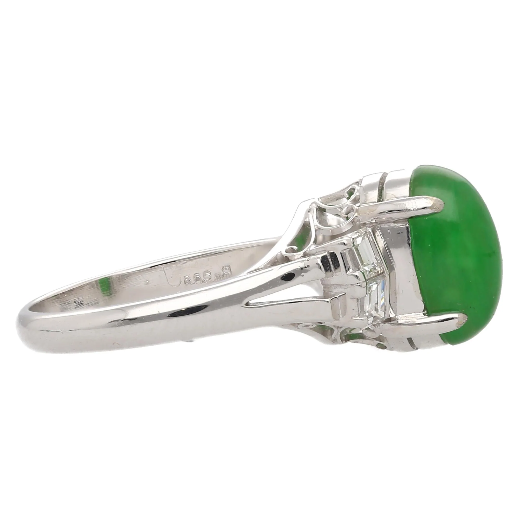 Certified 2.69 Carat Oval Bright Green Untreated A Jadeite Jade Platinum Ring - Image 4