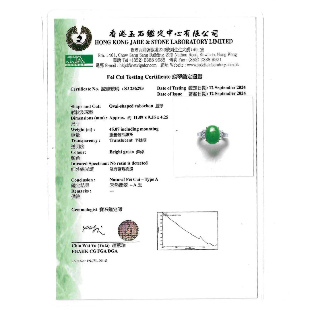 Certified 4.17 Carat Untreated Jadeite Jade and Baguette Diamond Platinum Ring - Image 10